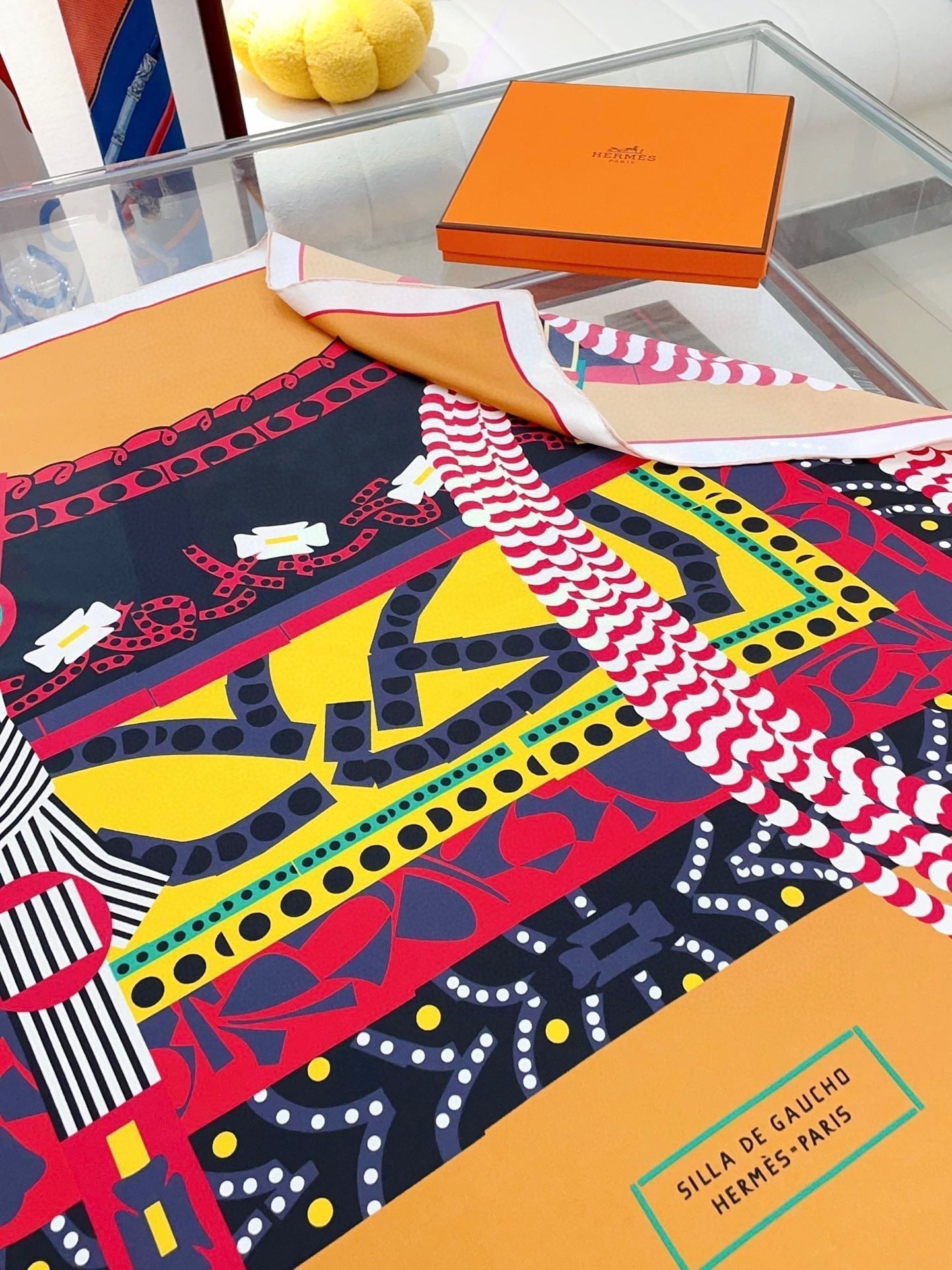 Silla De Gaucho Scarf 90 CM In Yellow Orange Colorful Silk Twill 320652