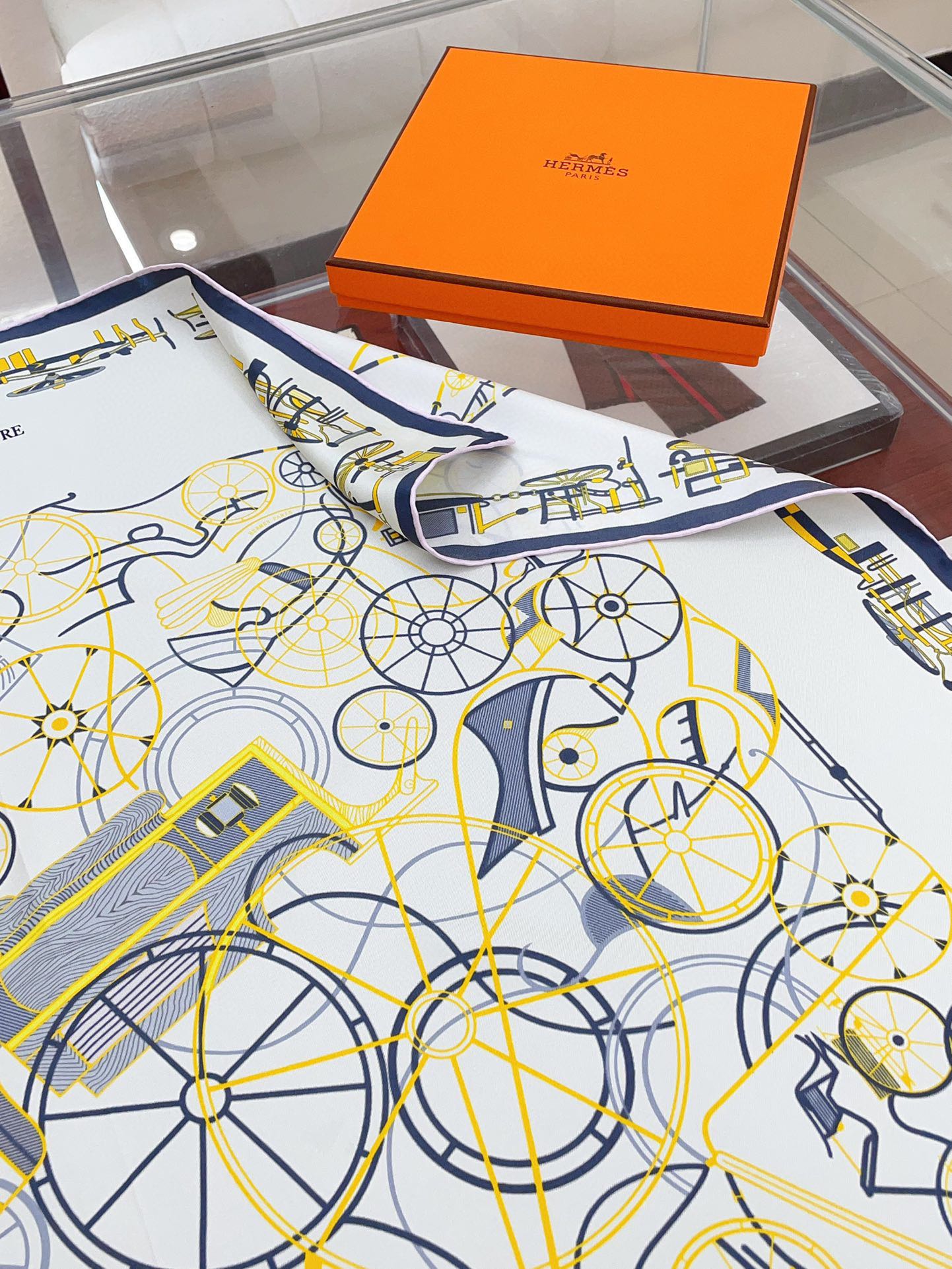 Complication Equestre Scarf 90 CM In White Yellow Coloful Silk Twill 345898