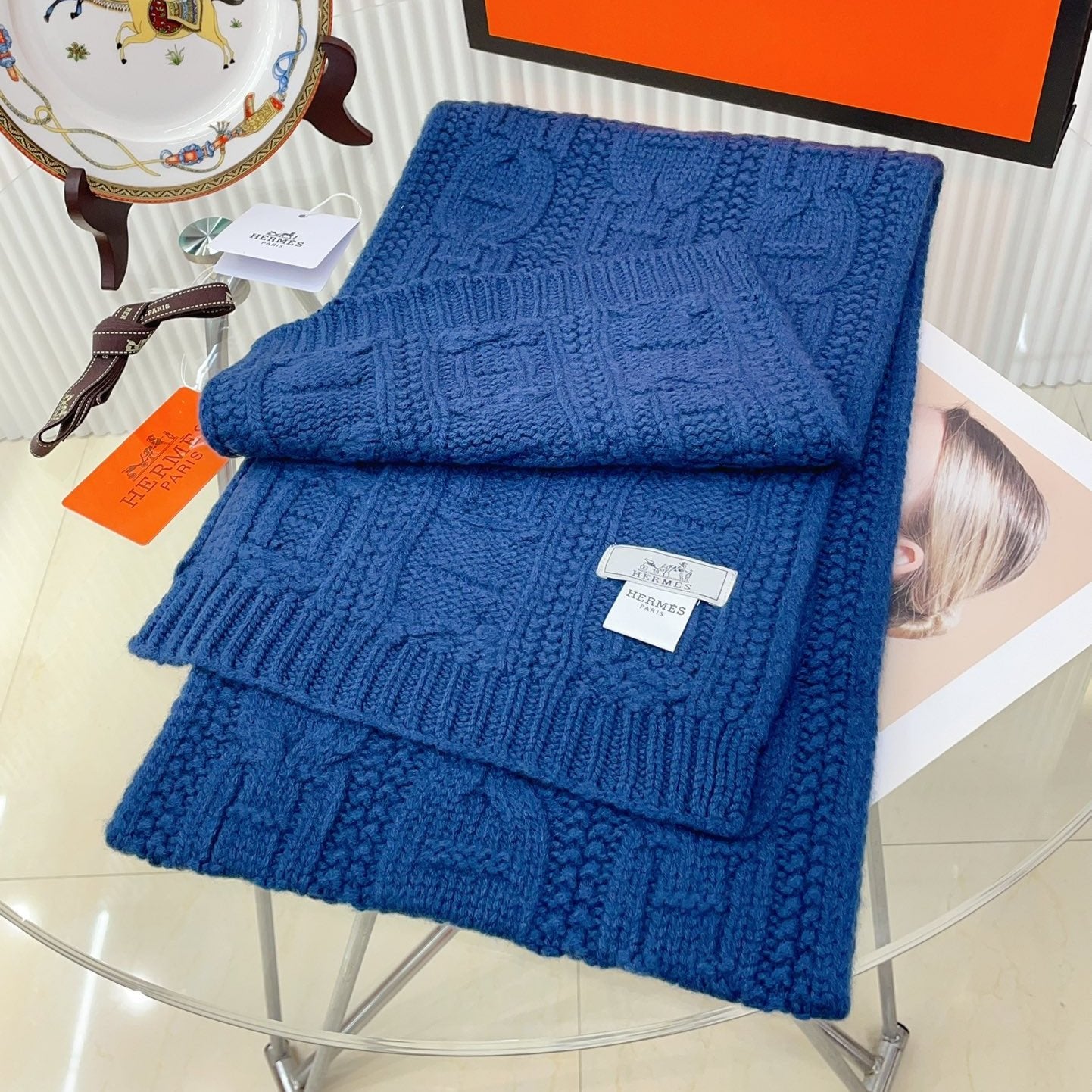 Faubourg Muffler Scarf 170 CM Blue Cashmere Handwoven 356202