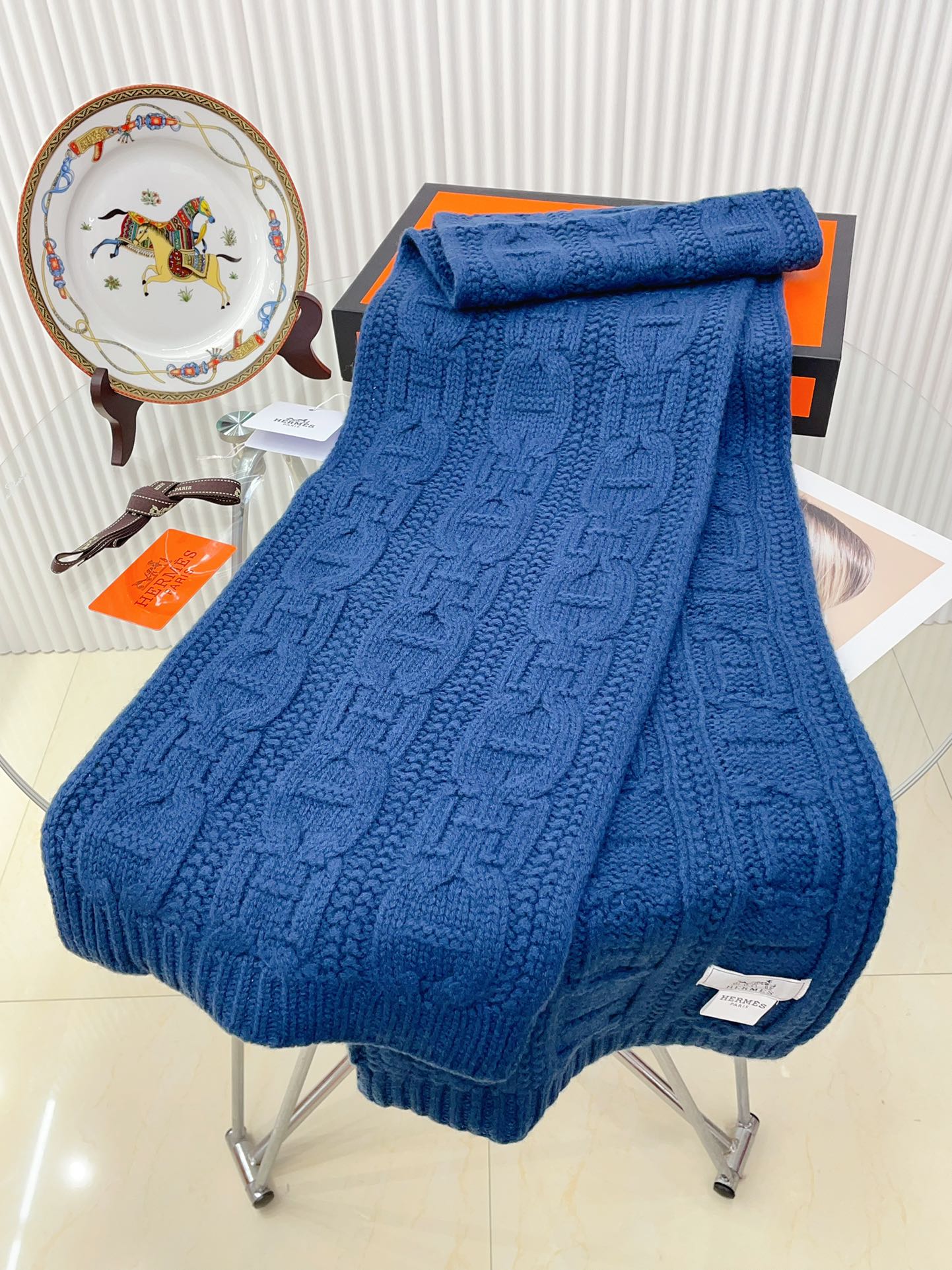 Faubourg Muffler Scarf 170 CM Blue Cashmere Handwoven 356202