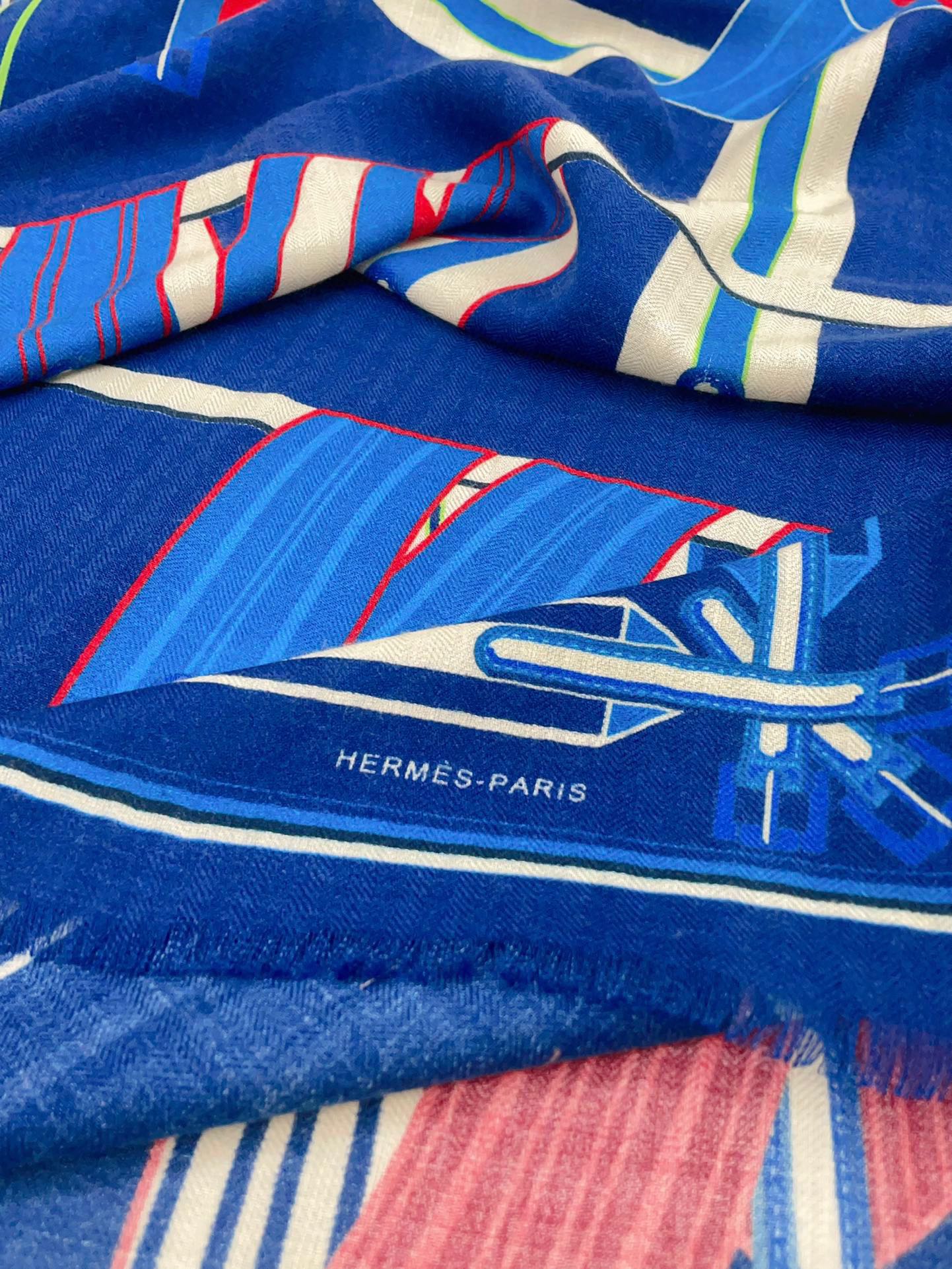 Les Sangles En Finesse Rectangle Scarf 180 CM In Dark Blue Colorful Cashmere And Silk 373657