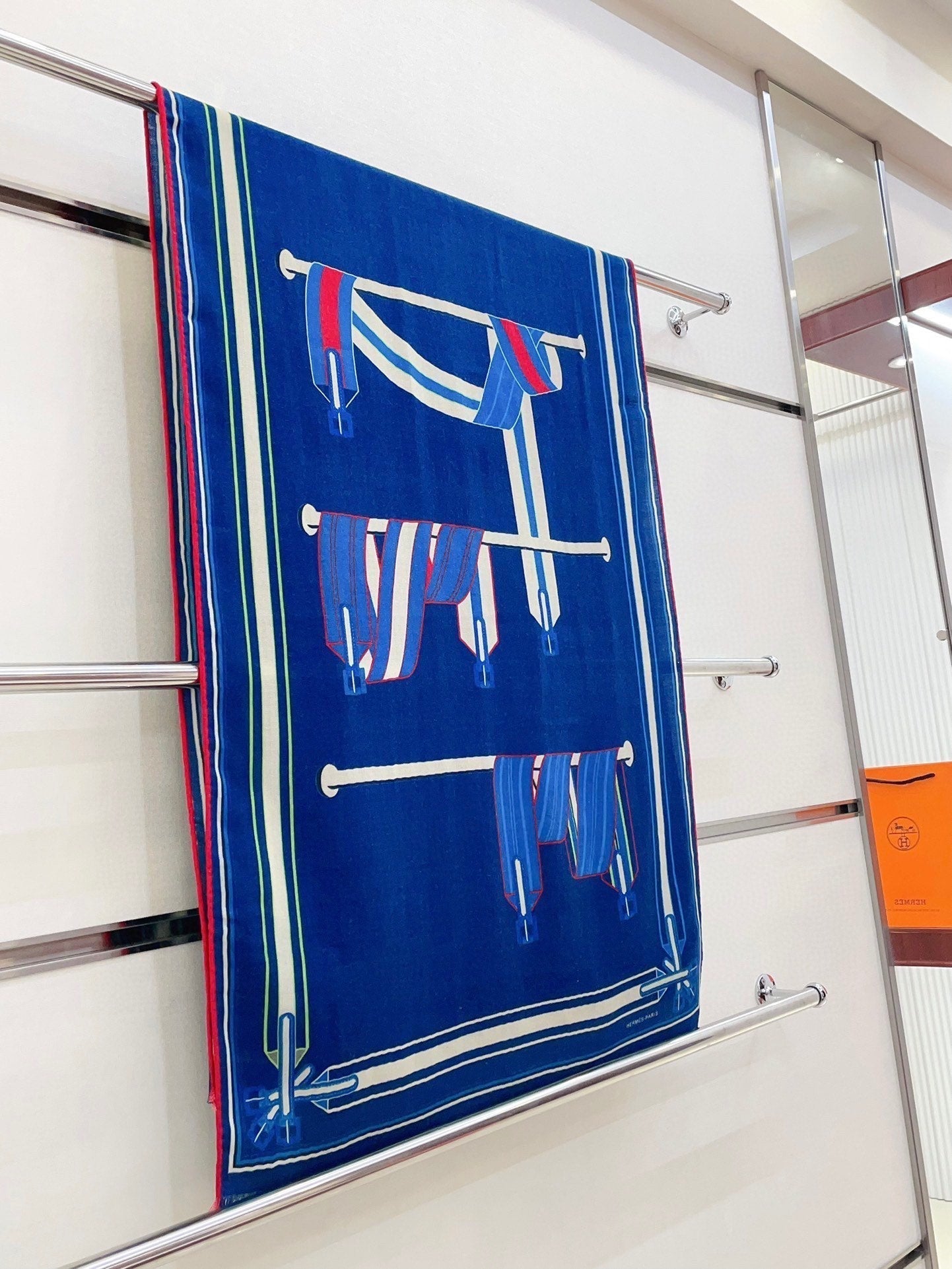 Les Sangles En Finesse Rectangle Scarf 180 CM In Dark Blue Colorful Cashmere And Silk 373657