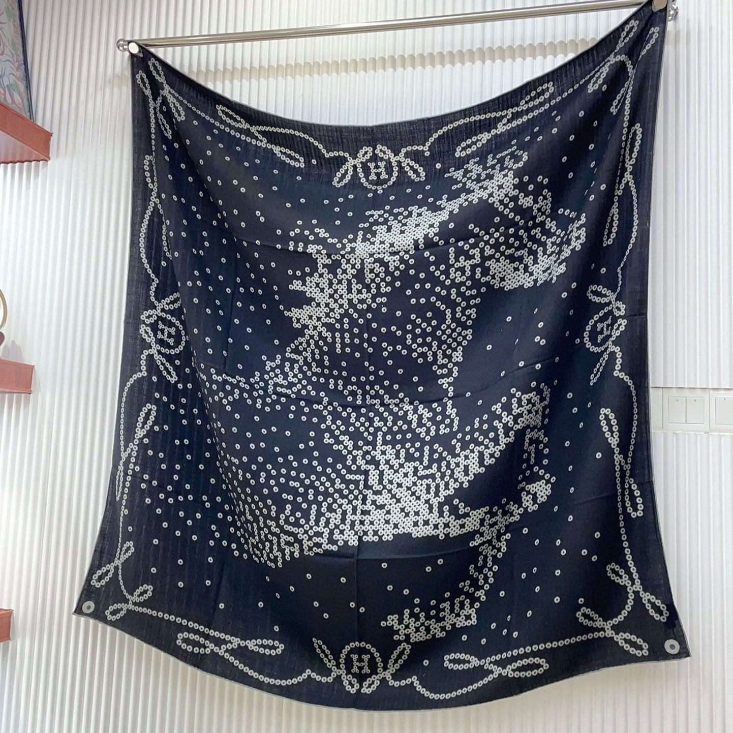 Square Scarf 140 CM Charcoal Blue Pattern Cashmere And Silk