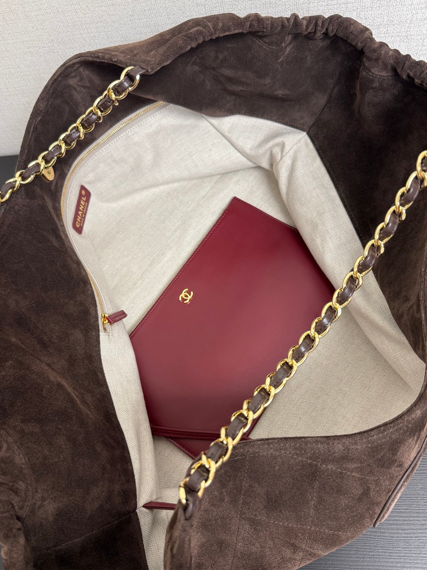 CC 26s Hobo Bag Brown Suede Quilted Big CC Logo