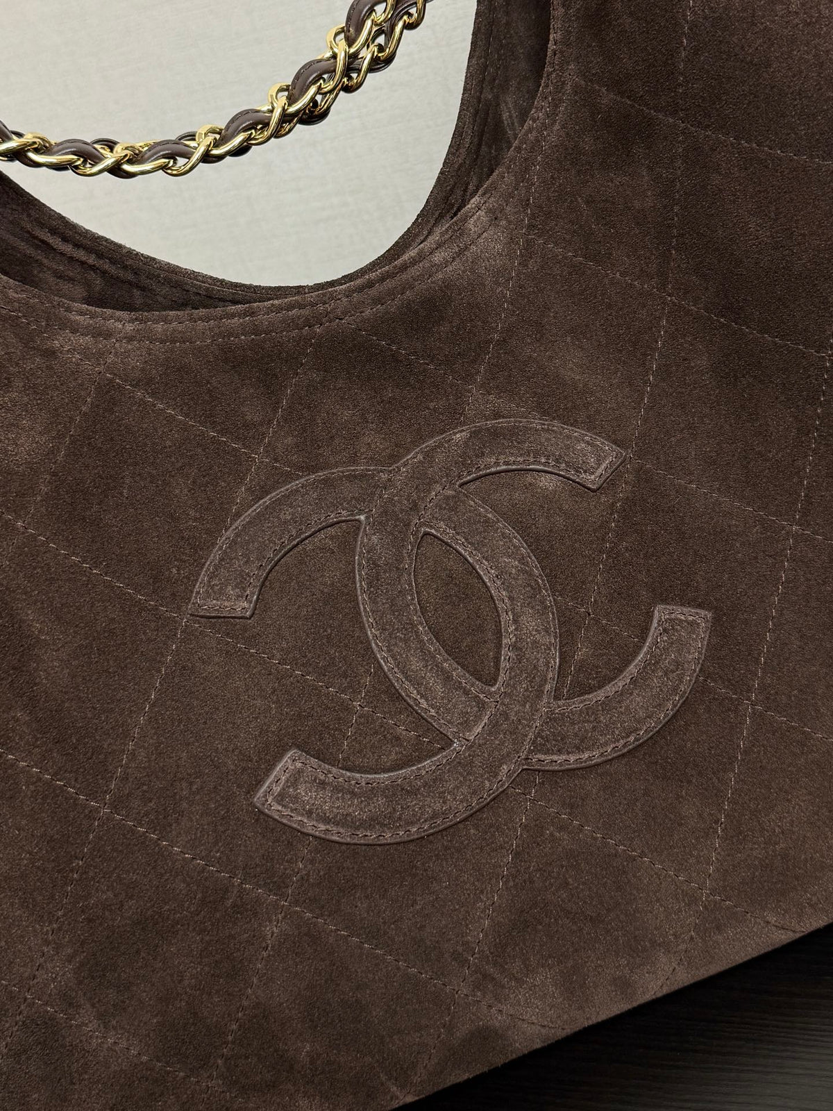 CC 26s Hobo Bag Brown Suede Quilted Big CC Logo