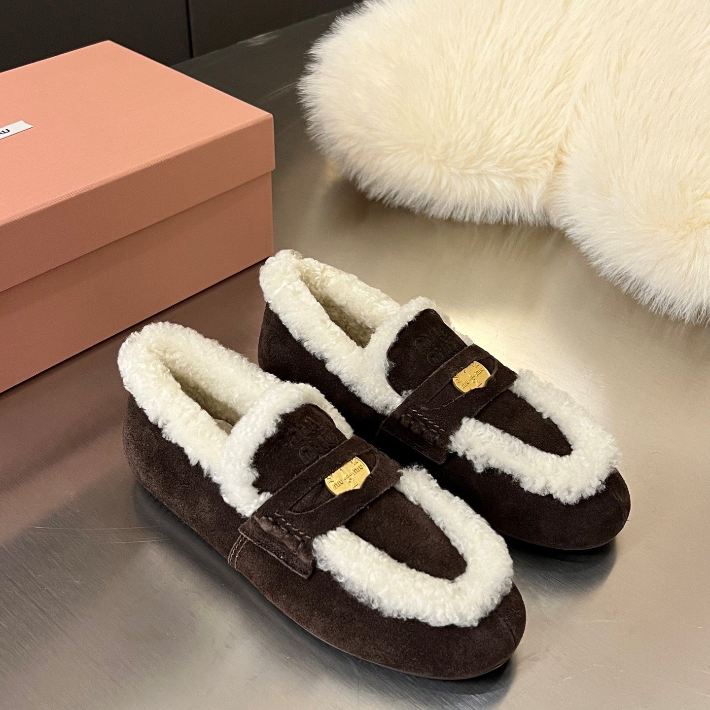 Miu Logo-Embossed Loafer Deep Neutral Suede Shearling 455916