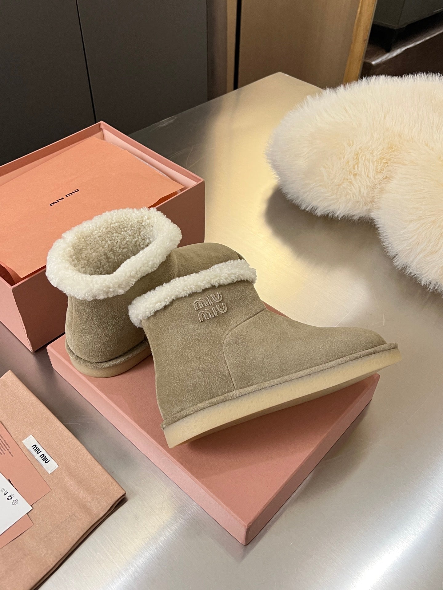 Miumiu 25 Boot Beige White Suede Wool 510221