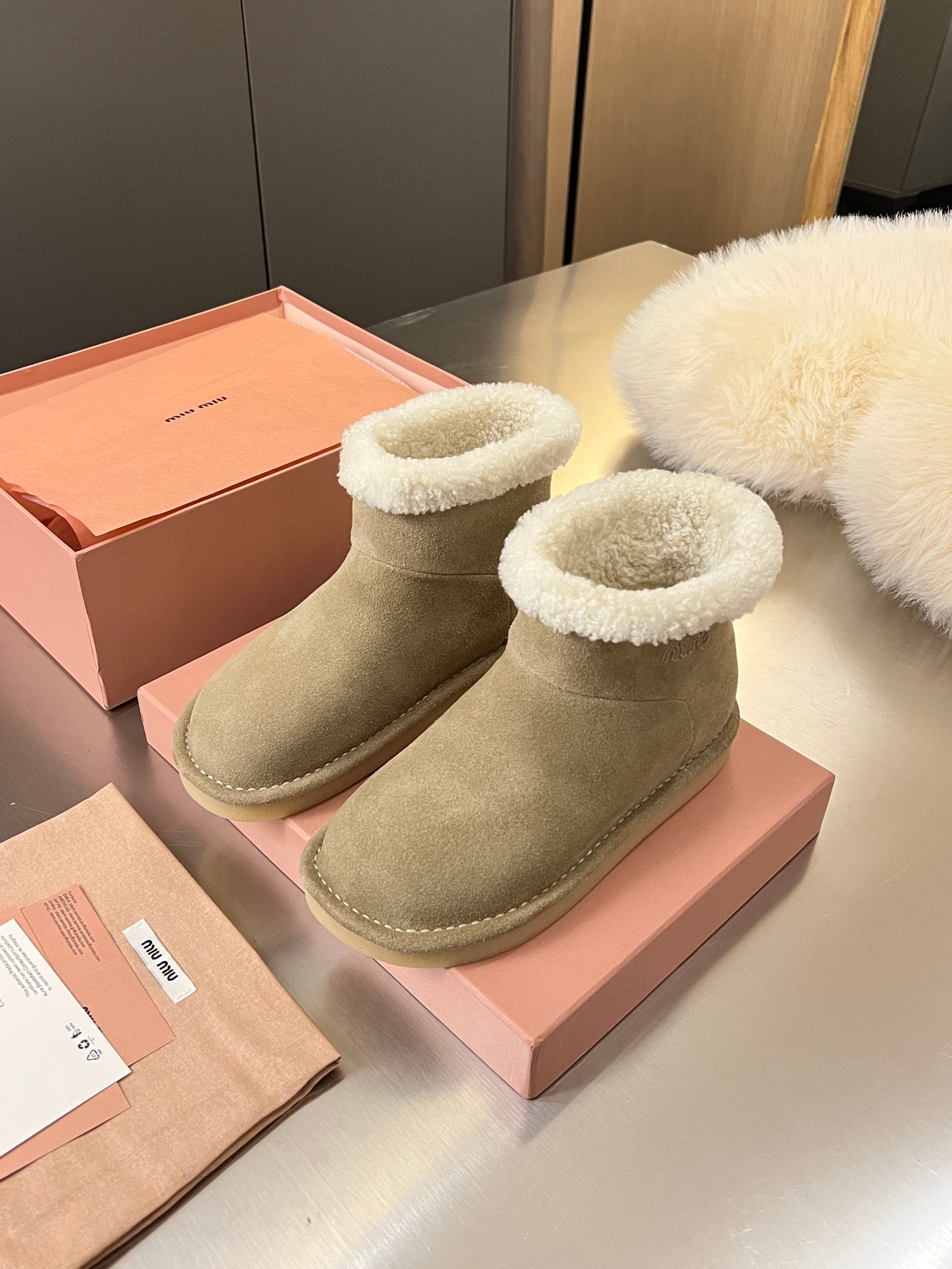 Miumiu 25 Boot Beige White Suede Wool 510221