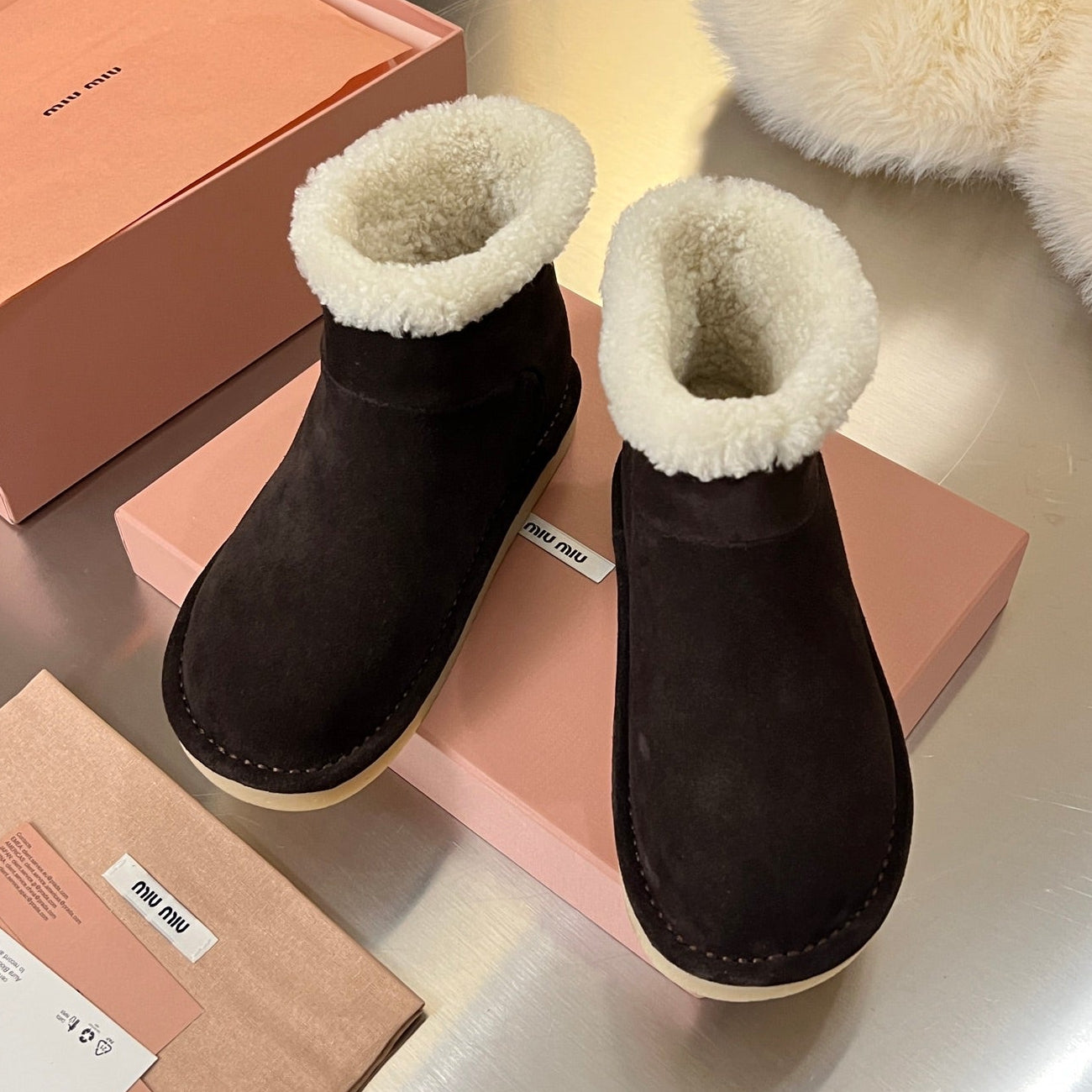 Miumiu 25 Boot Chocolate Brown Mix White Suede Wool 510222