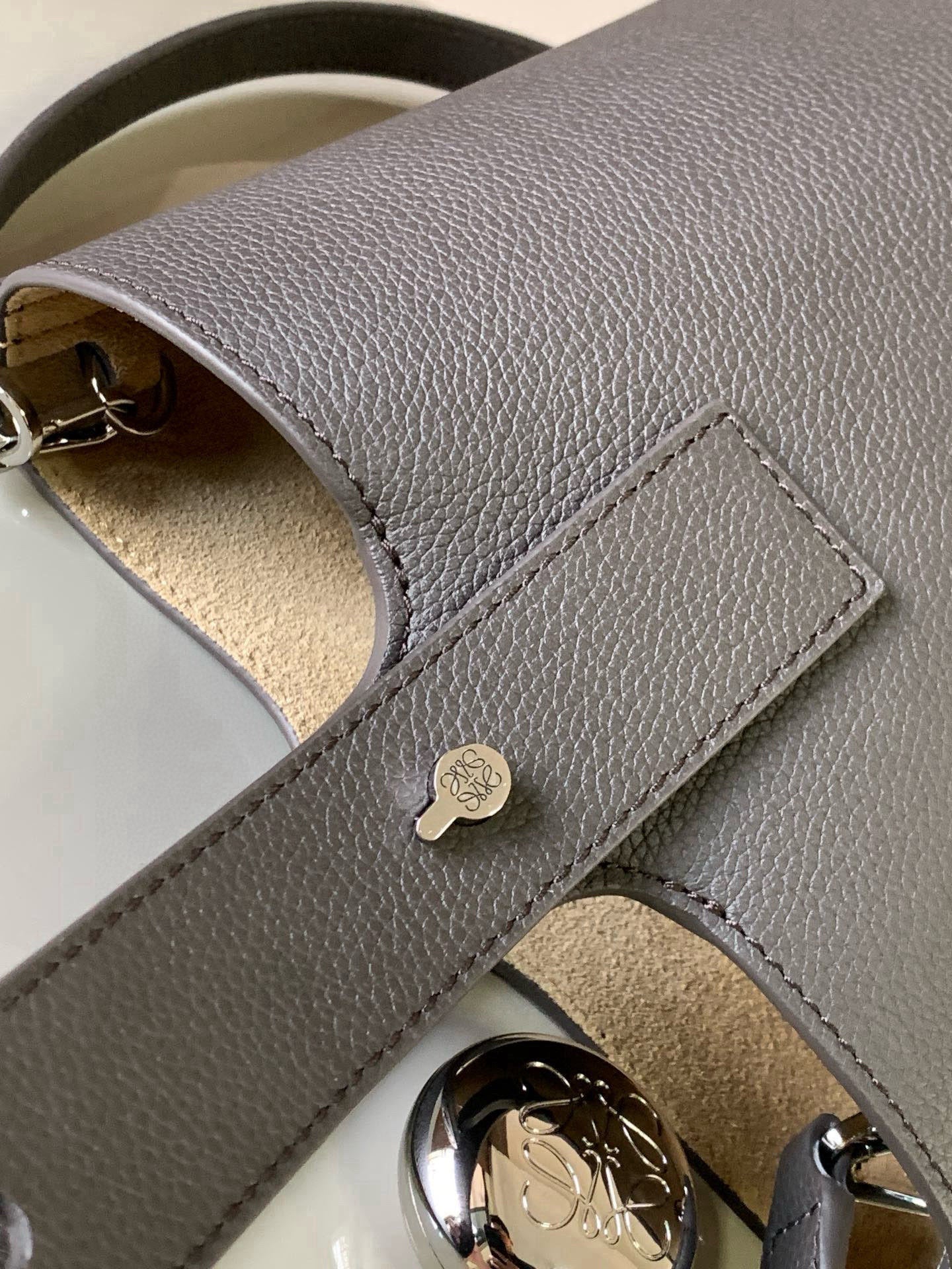 Loewe Mini Pebble Bucket Bag Taupe Grained Calfskin