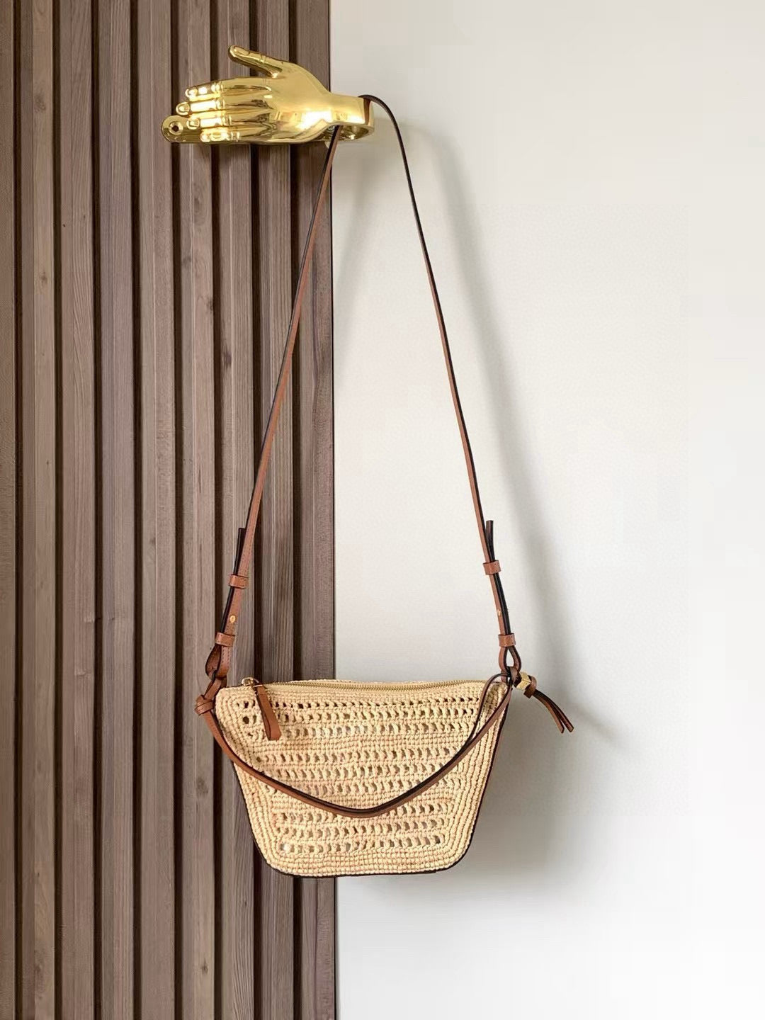 Loewe Ibiza Mini Hammock Hobo Bag Brown Beige Raffia Leather 289314