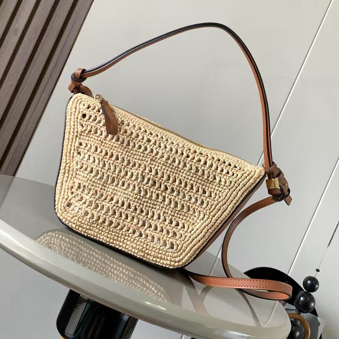 Loewe Ibiza Mini Hammock Hobo Bag Brown Beige Raffia Leather 289314