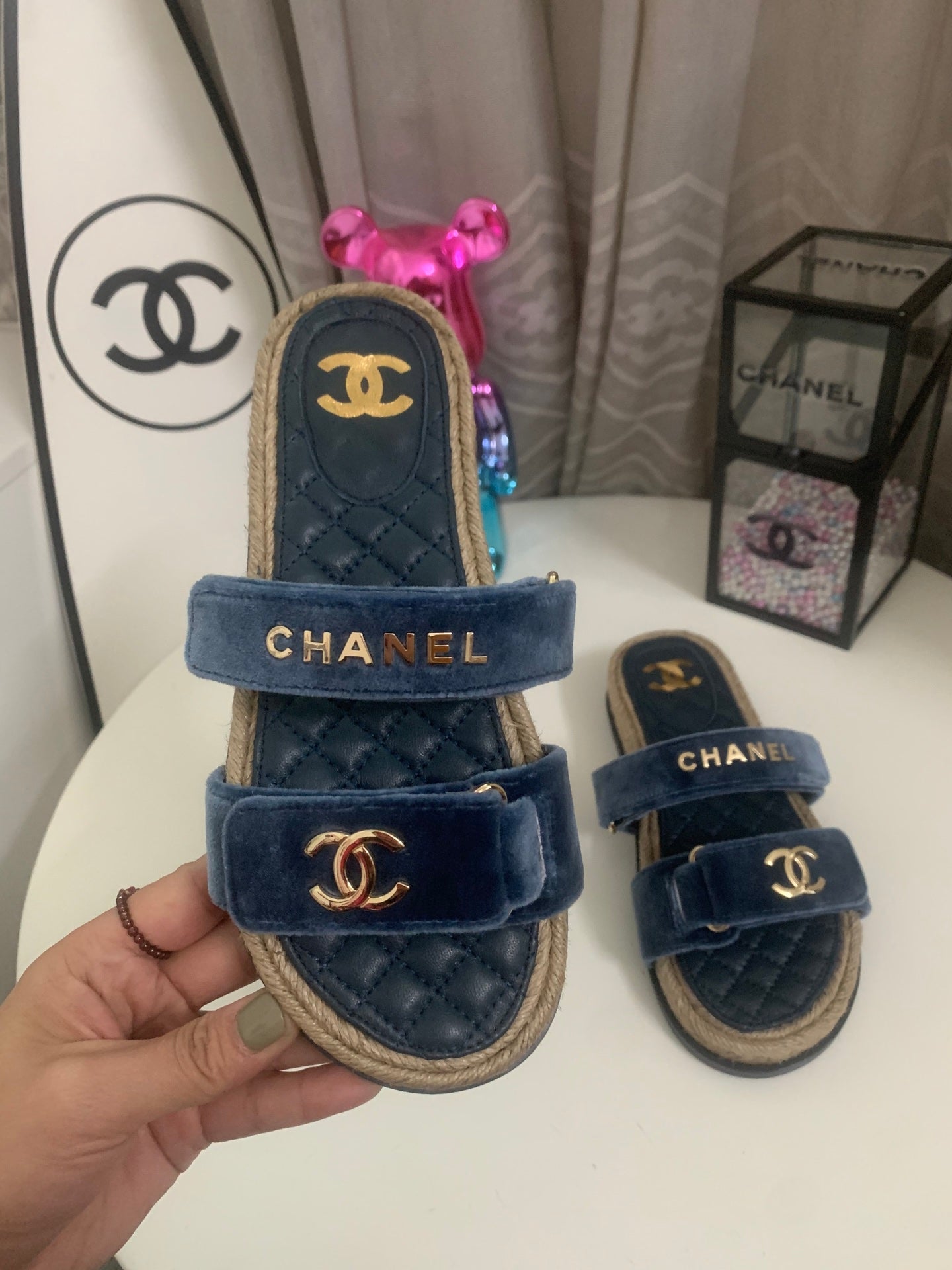 CC 26s Hemp Rope Platform Sandals Navy Blue Quited Sheepskin Velvet 862301