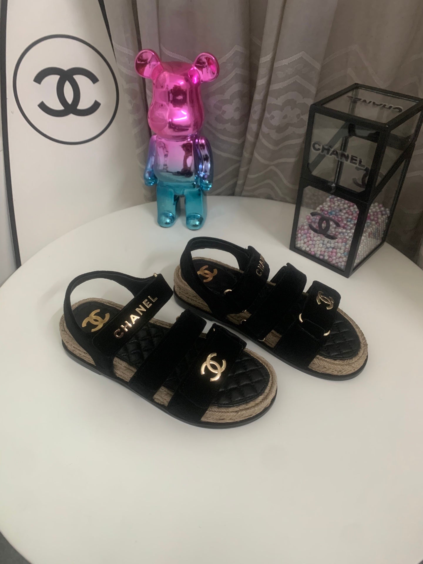 CC 26s Strappy Sandals In Black Velvet With Rope Sole Gold Hardware