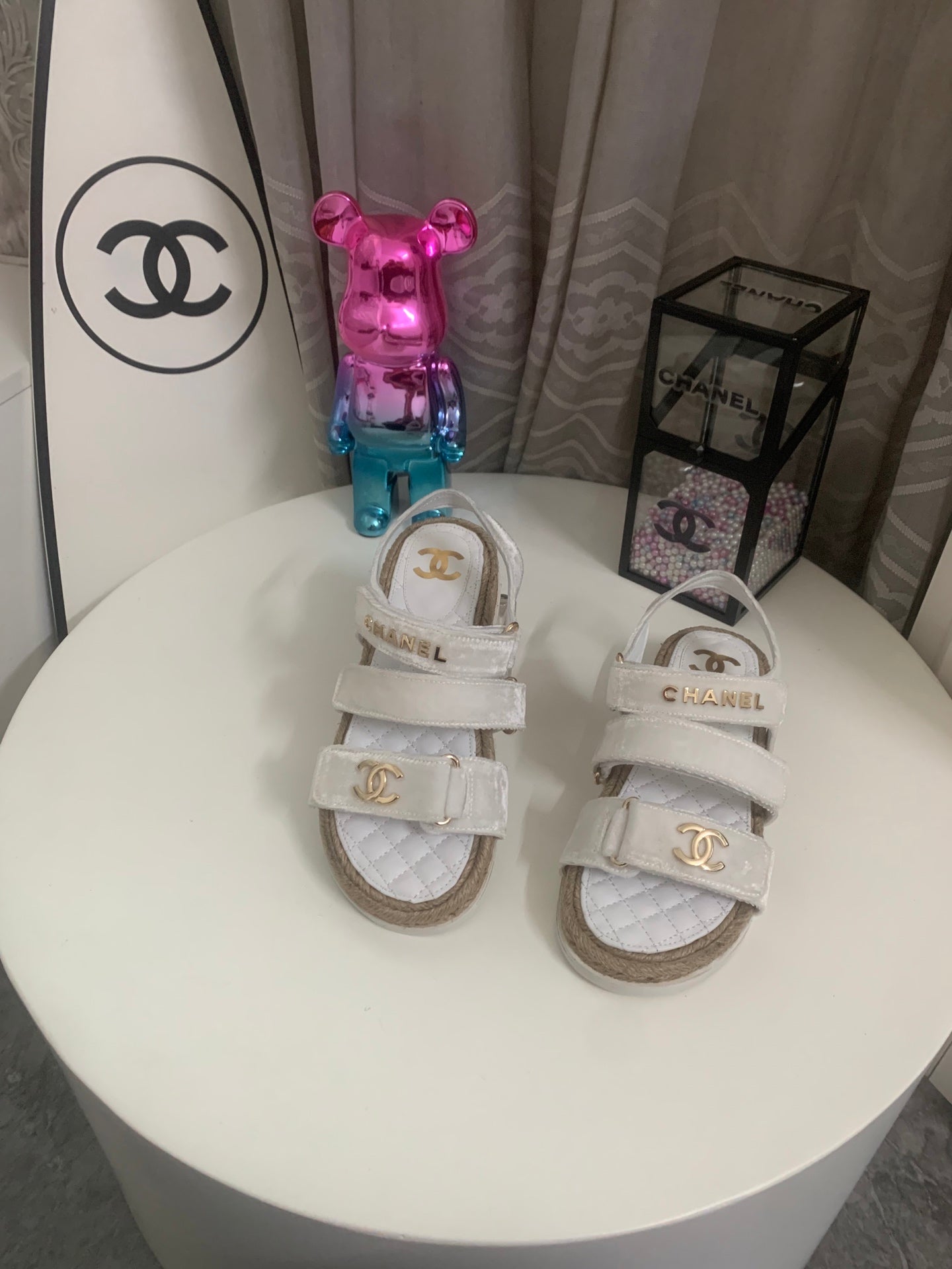 CC 26s Strappy Sandals In White Velvet With Rope Sole Gold Hardware
