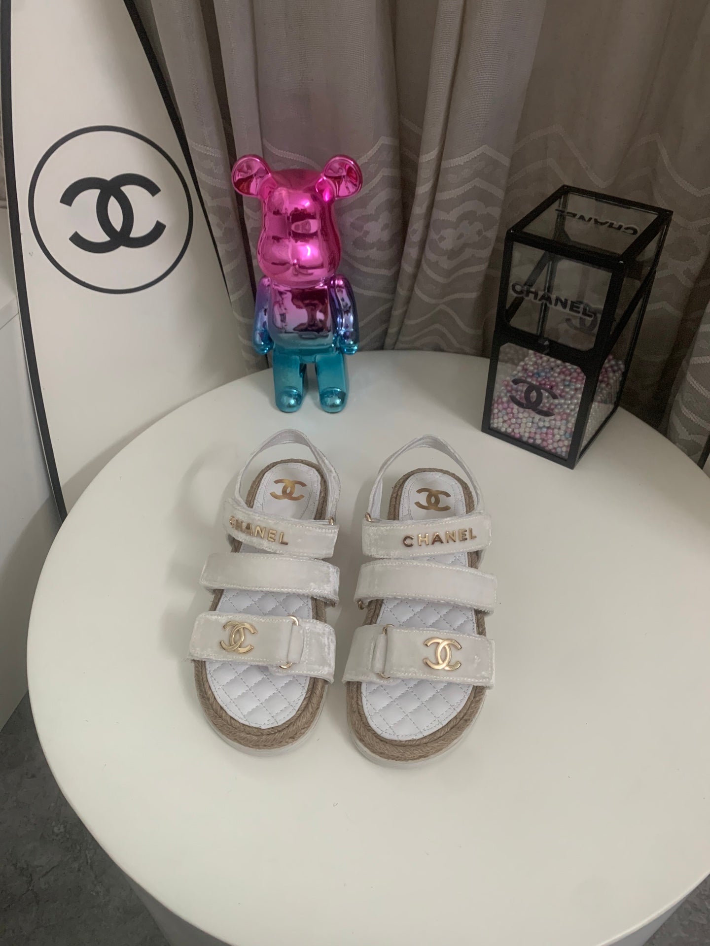 CC 26s Strappy Sandals In White Velvet With Rope Sole Gold Hardware