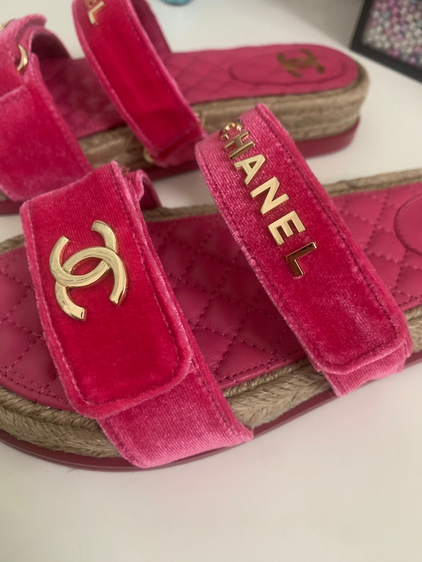 CC 26s Hemp Rope Platform Sandals Hot Pink Quited Sheepskin Velvet 862300