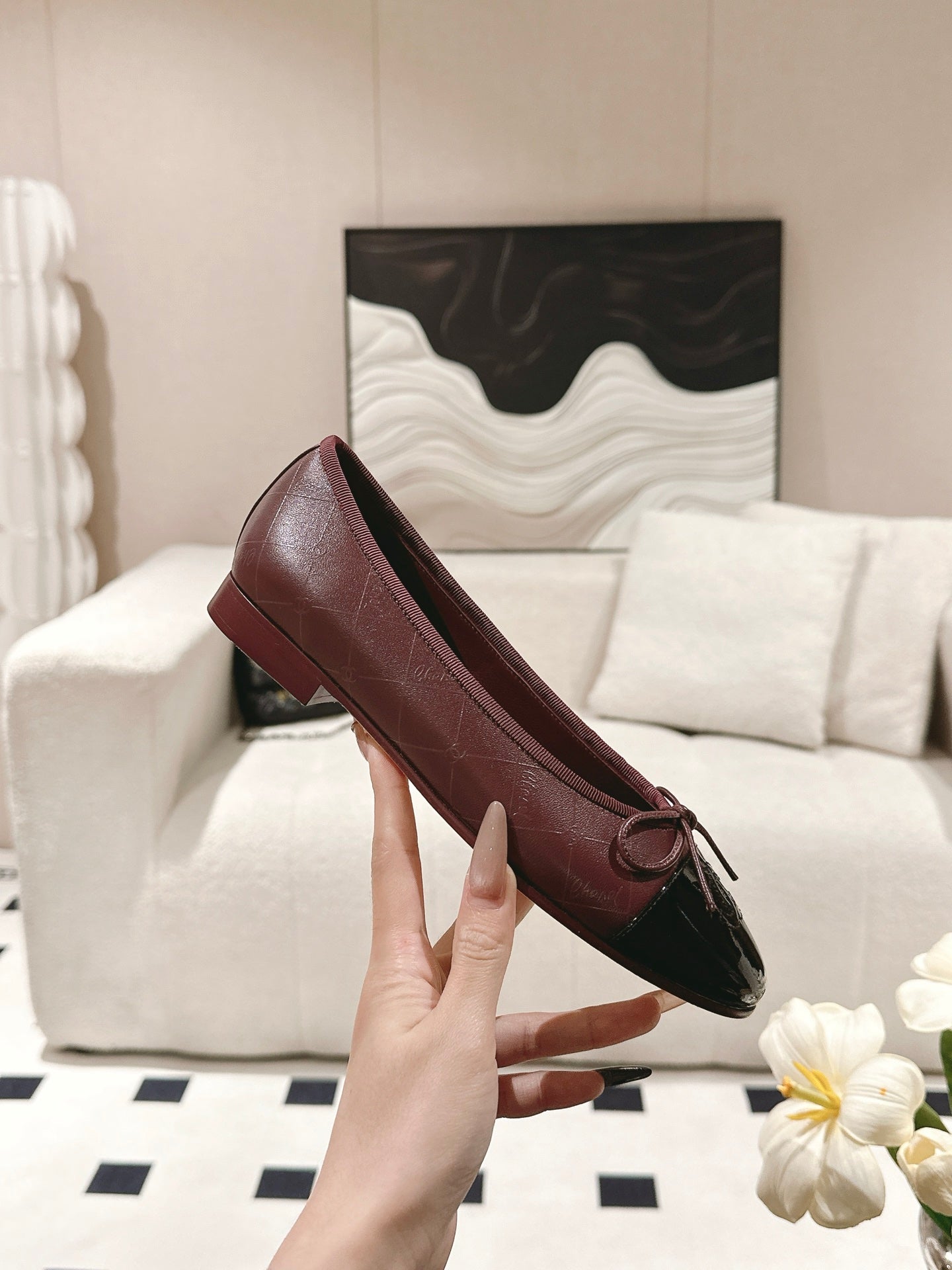 cc 25c ballet flat cross line pattern burgundy lambskin 237483