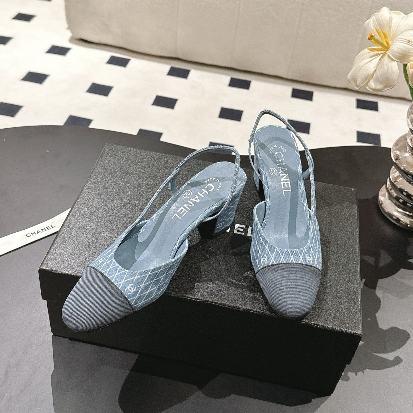 cc 25c slingback 55mm cross line pattern light blue denim 237487