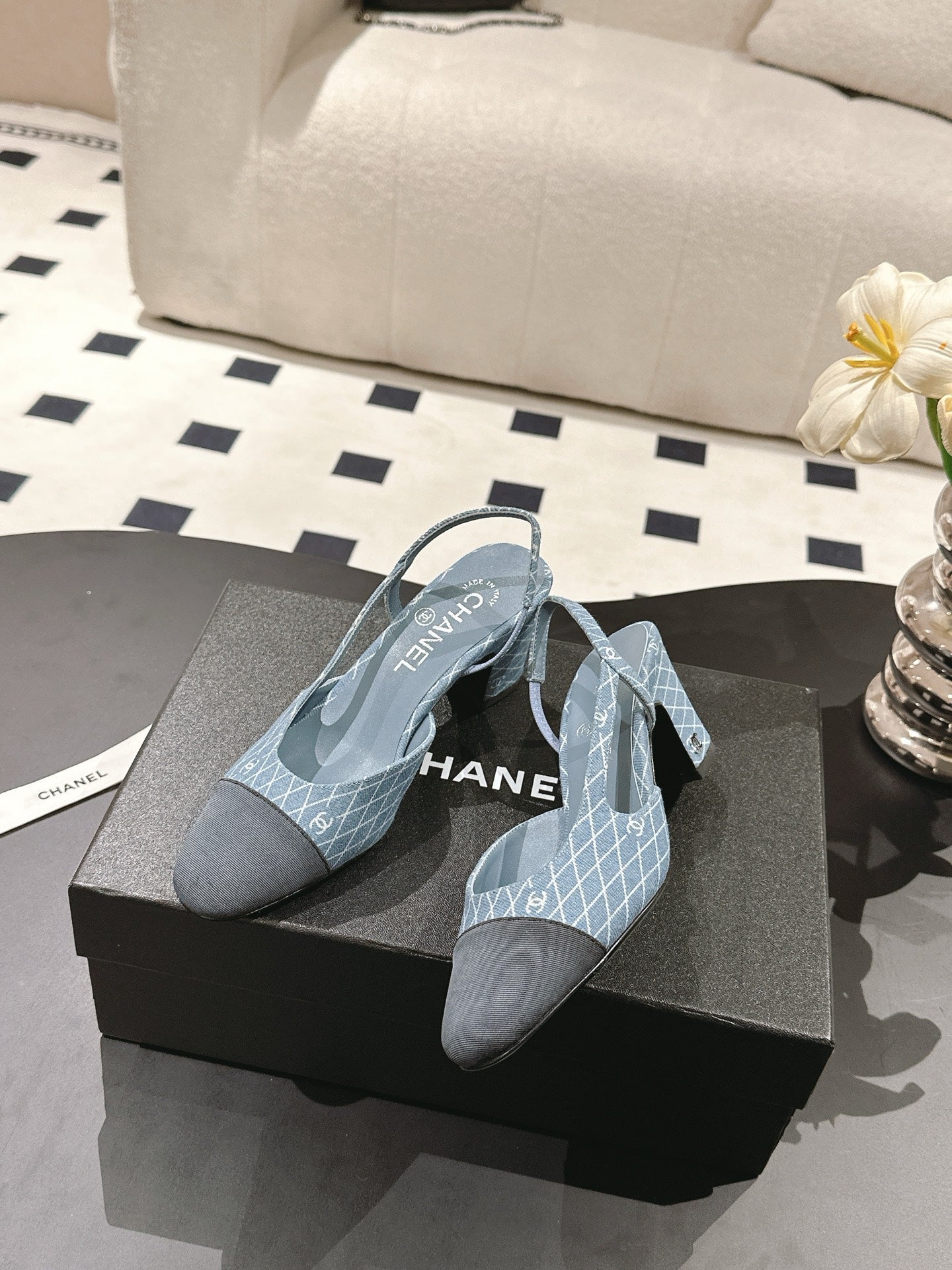 cc 25c slingback 55mm cross line pattern light blue denim 237487