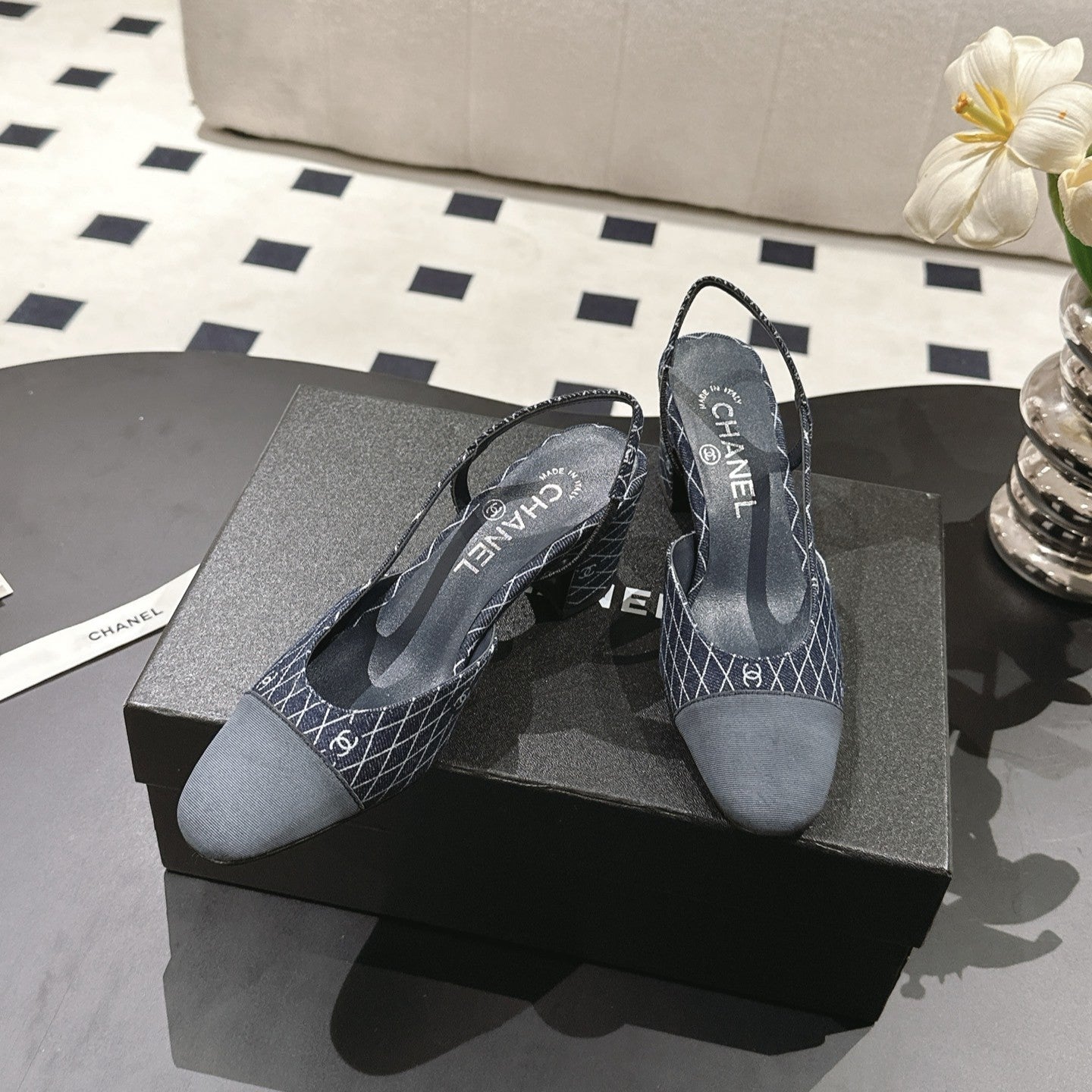 cc 25c slingback 55mm cross line pattern dark blue denim 237488