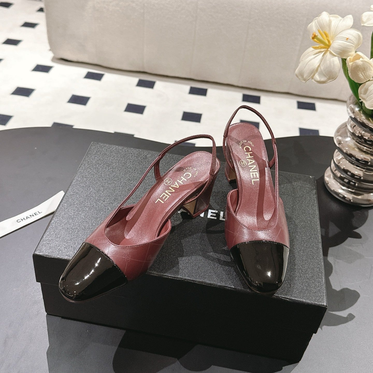 cc 25c slingback 55mm cross line pattern burgundy lambskin 237488