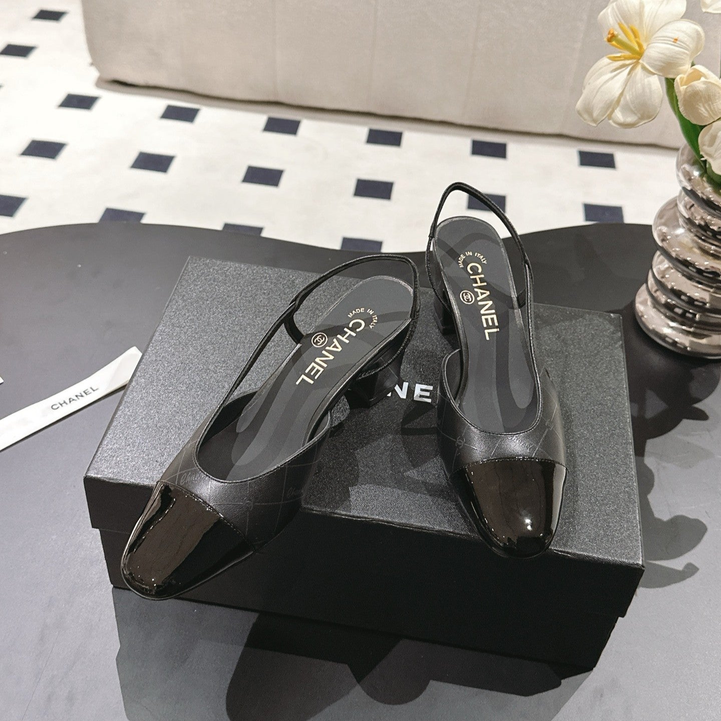 cc 25c slingback 55mm cross line pattern black lambskin 237494