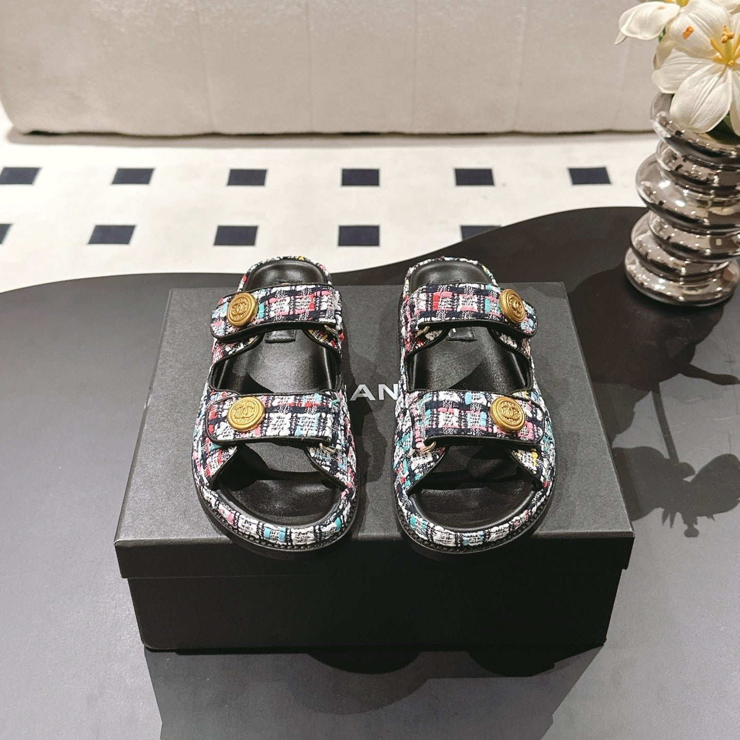 cc 25p dad mule sandal black colorful tweed 237575