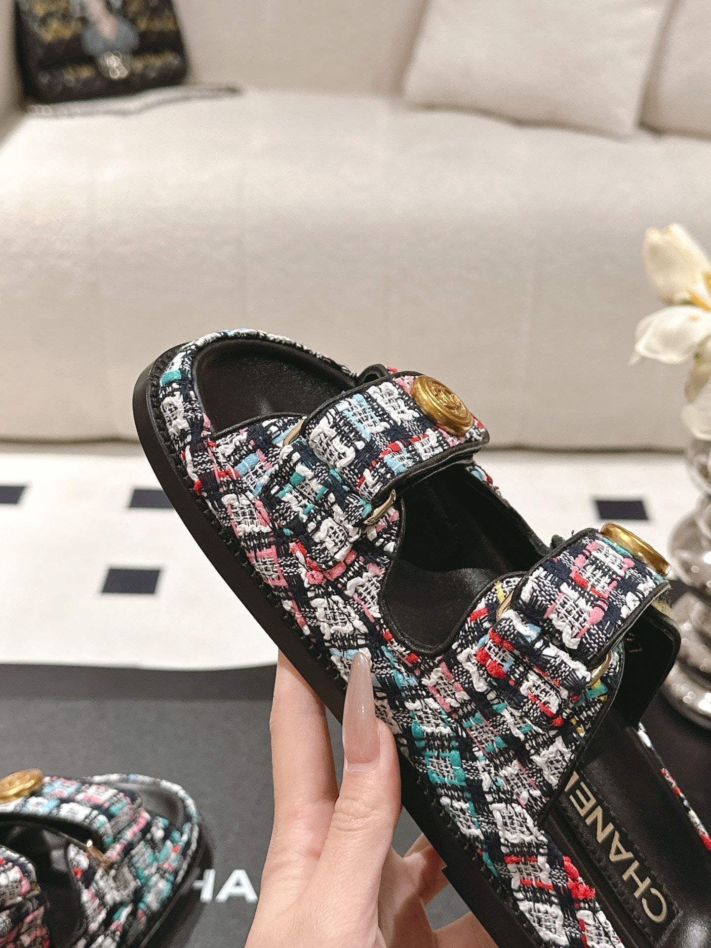 cc 25p dad mule sandal black colorful tweed 237575
