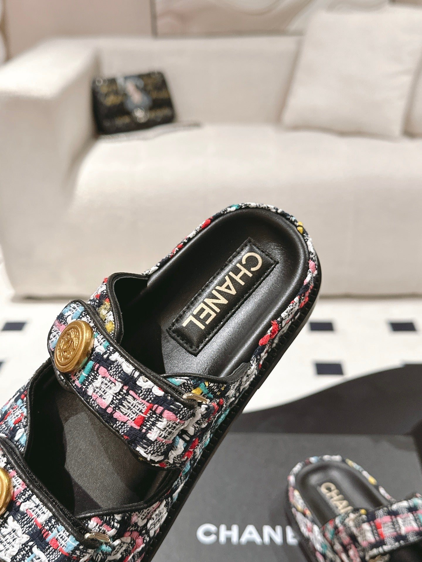 cc 25p dad mule sandal black colorful tweed 237575