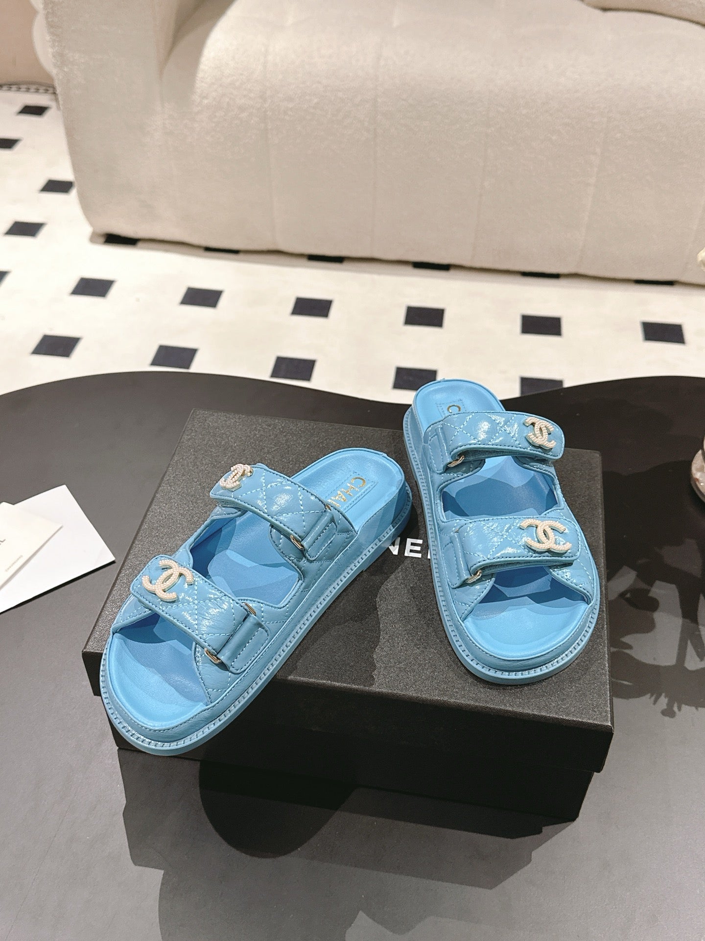 cc 25p logo with pearl mule sandal blue leather 237583