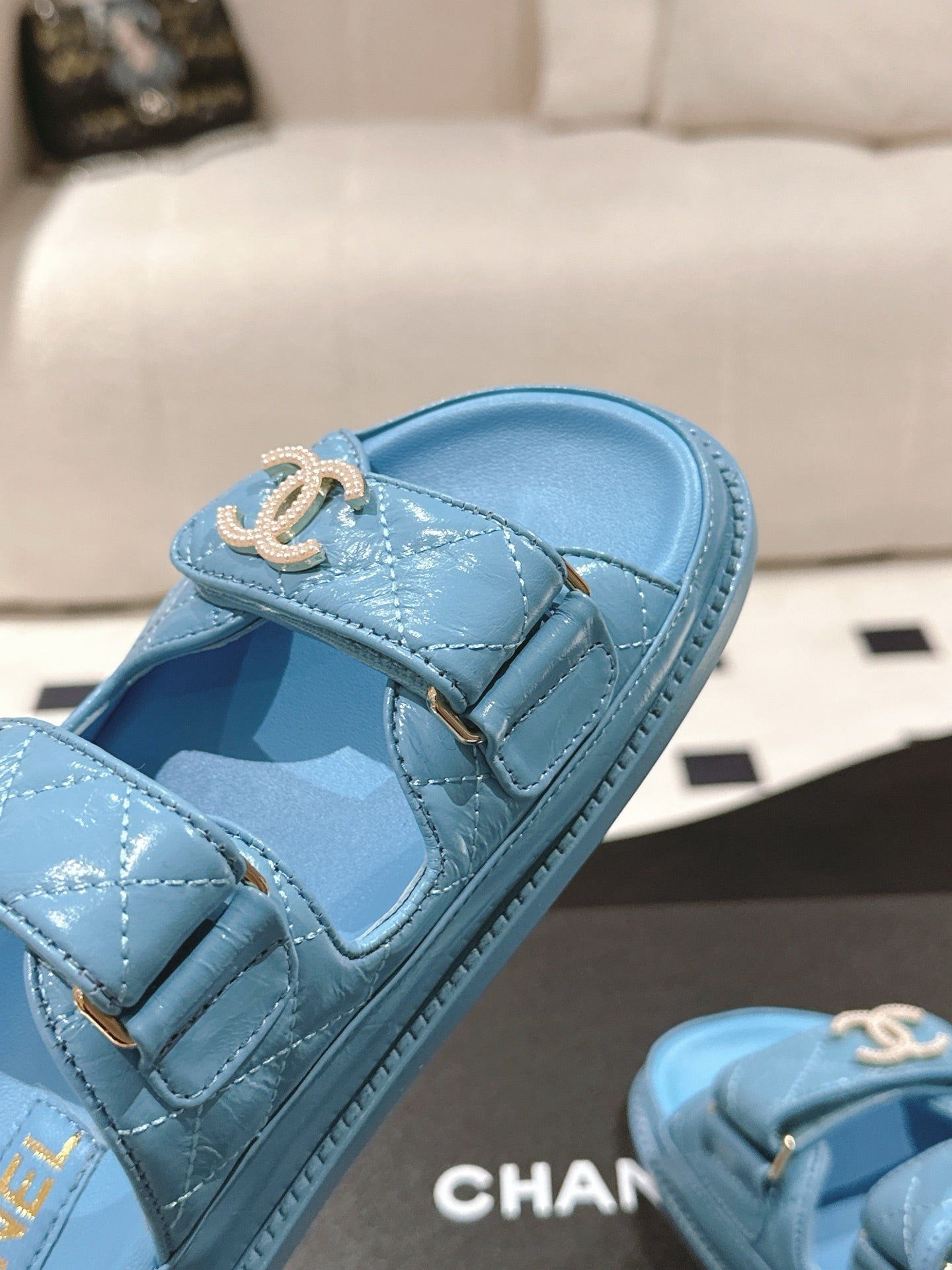 cc 25p logo with pearl mule sandal blue leather 237583