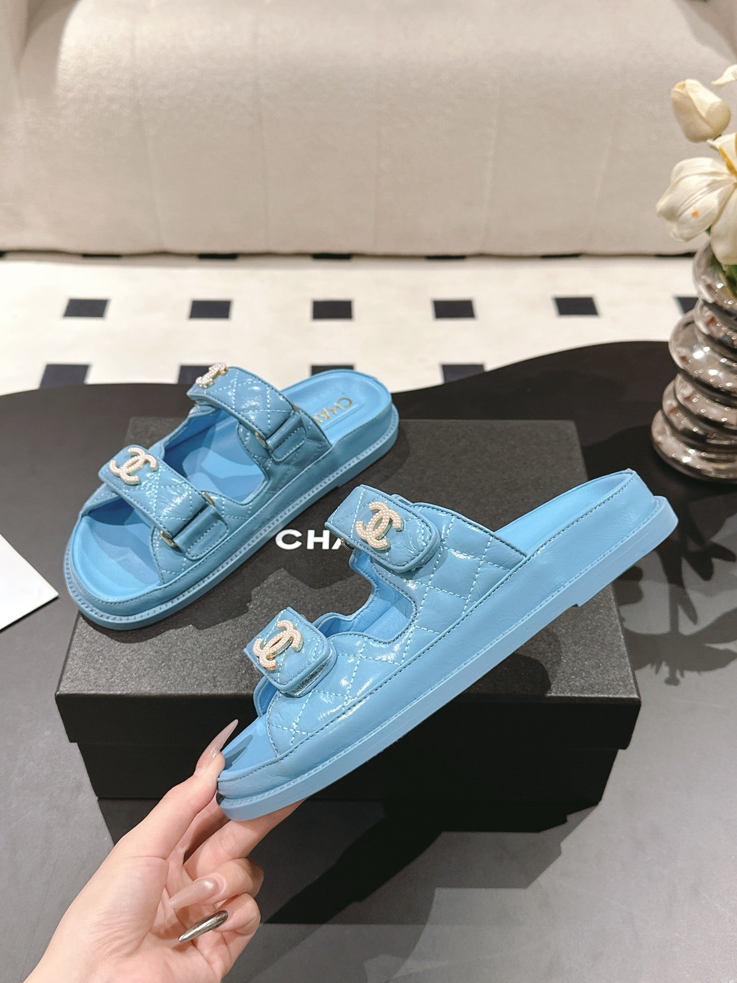 cc 25p logo with pearl mule sandal blue leather 237583