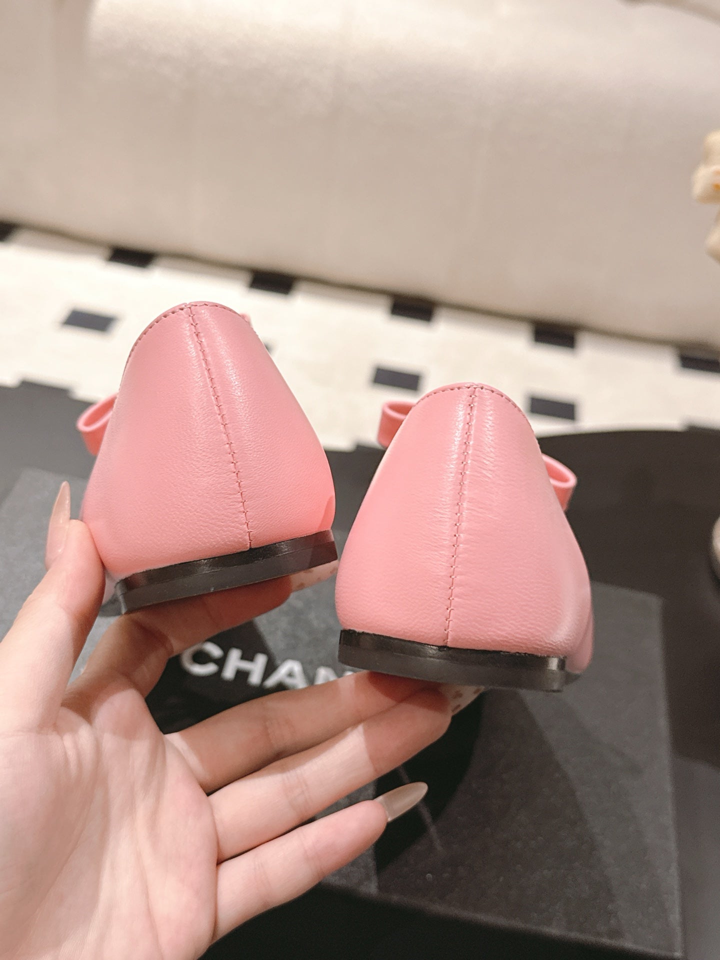CC 25B Small Bow Buckle Ballet Flats 10mm Black Pink Sheepskin Patent Leather 415746