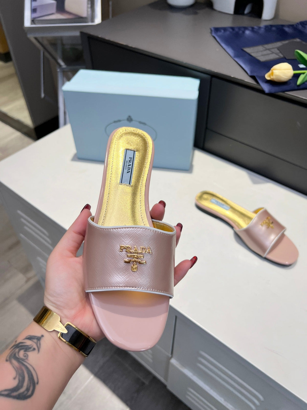 Prada 26s Slide Sandals Metallic Pink Saffiano 140510