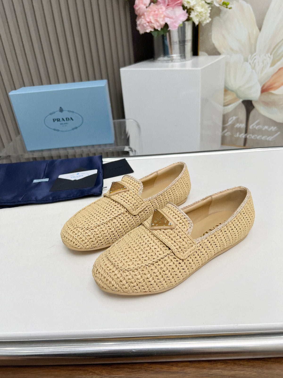 Prada 26s Crochet Loafers Beige Raffia 140630