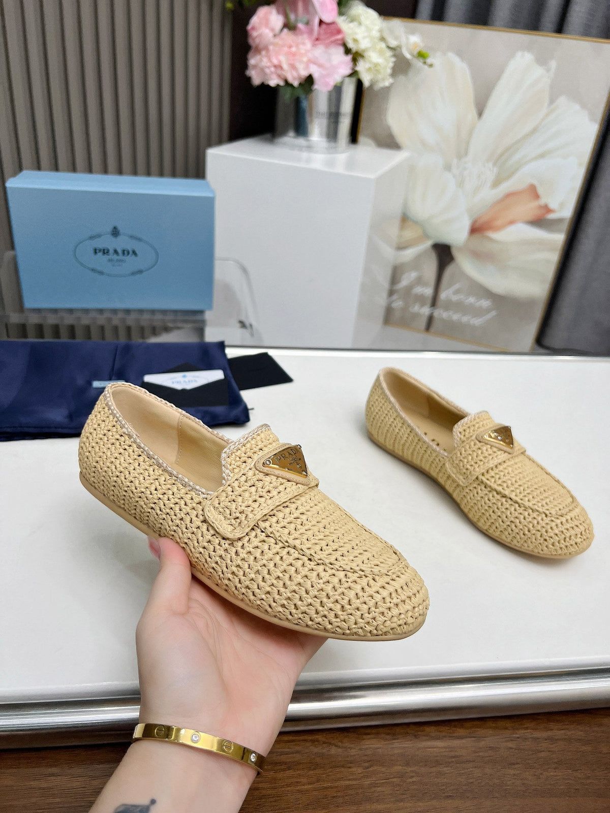 Prada 26s Crochet Loafers Beige Raffia 140630