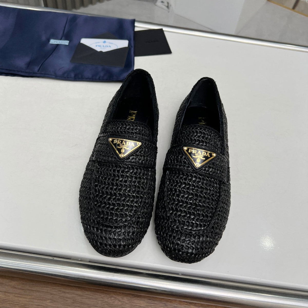 Prada 26s Crochet Loafers Black Raffia 140631