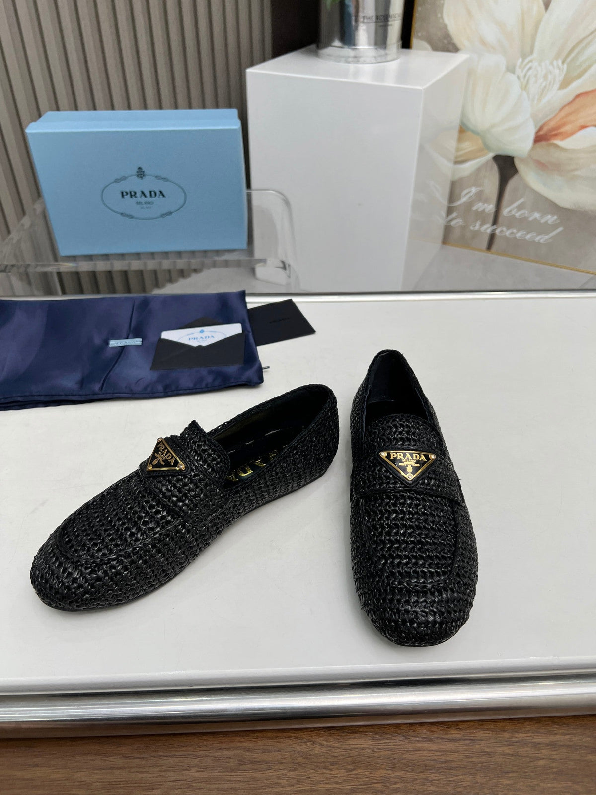 Prada 26s Crochet Loafers Black Raffia 140631