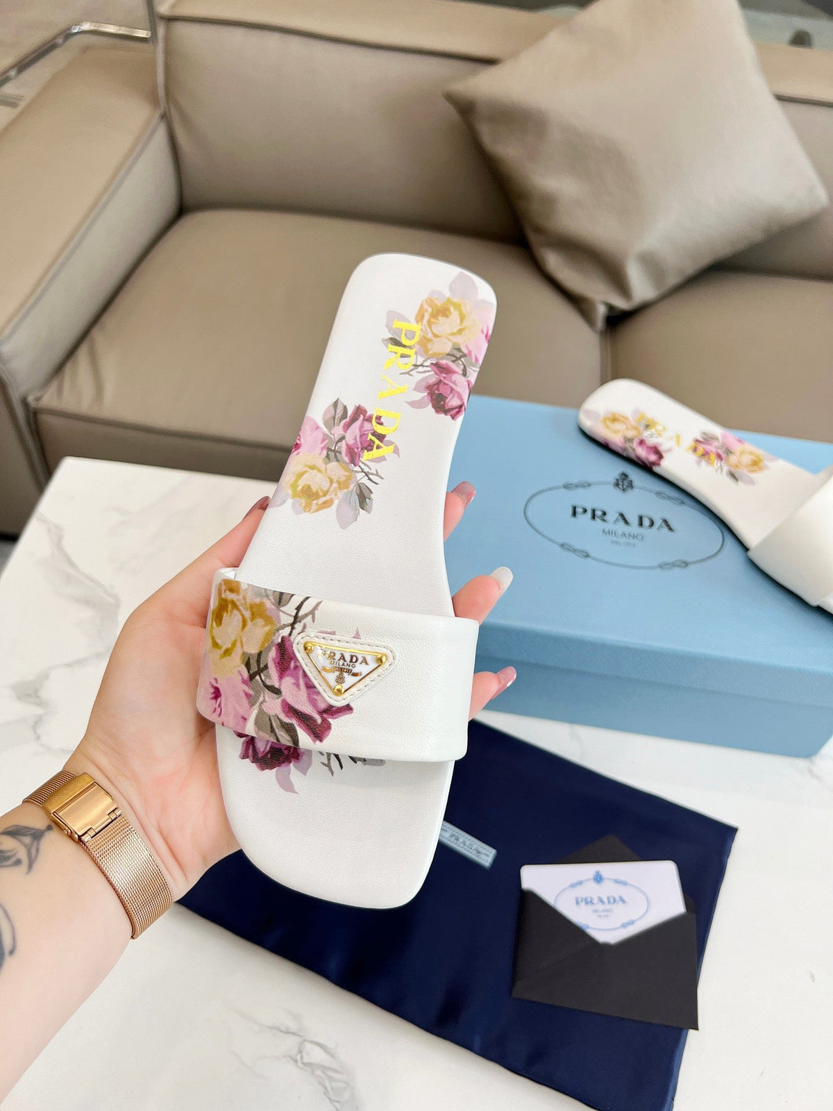 Prada 26s Slide Sandals Floral White Leather 140495