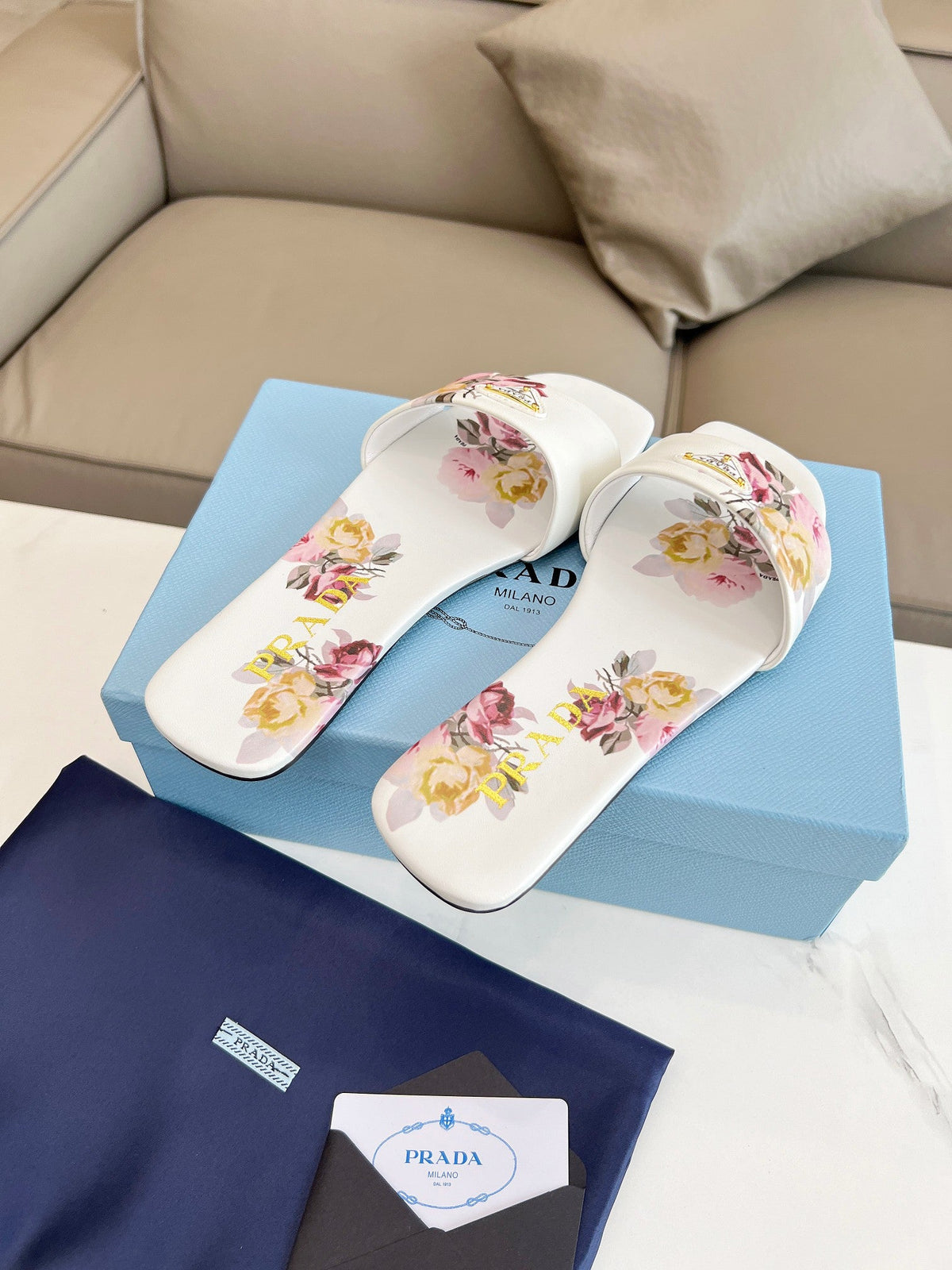 Prada 26s Slide Sandals Floral White Leather 140495
