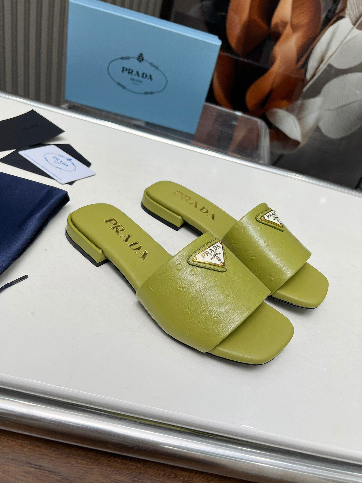 Prada 26s Slide Sandals Olive Green Ostrich Leather 140497