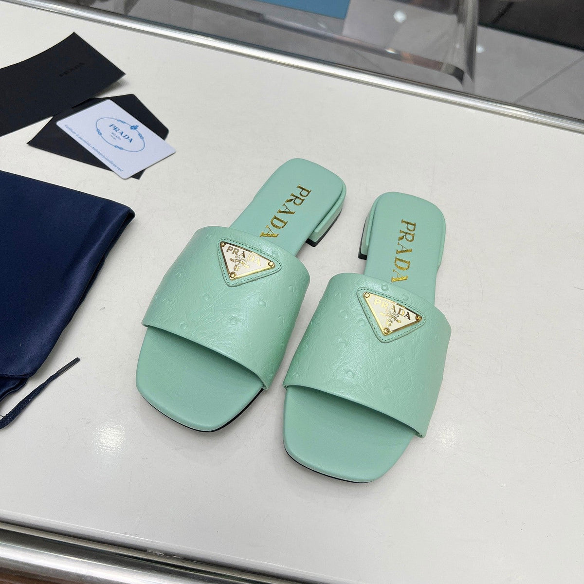 Prada 26s Slide Sandals Green Ostrich Leather 140498