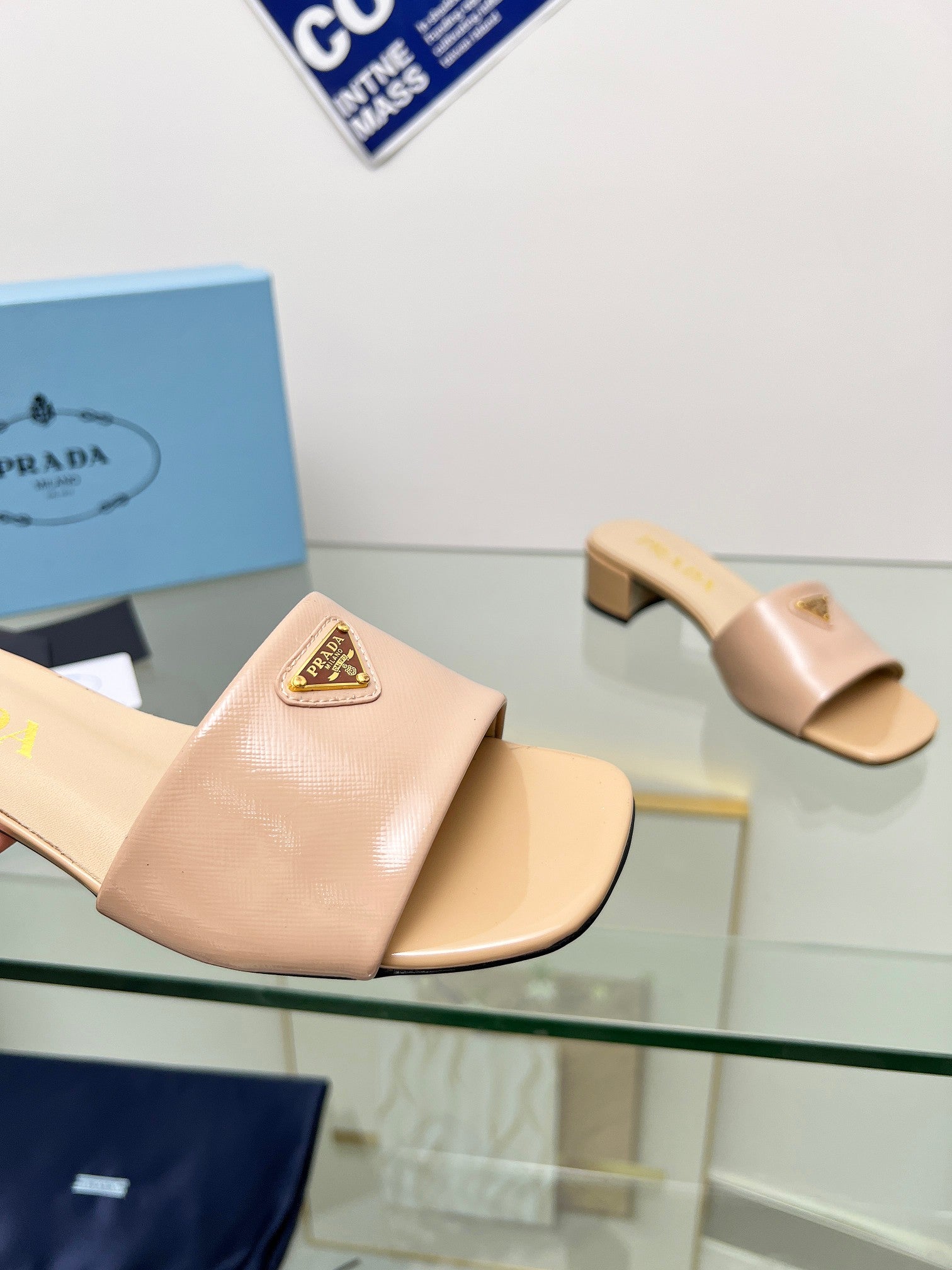Prada 26s Saffiano Slides 4cm Powder Pink Glossy Leather 986626