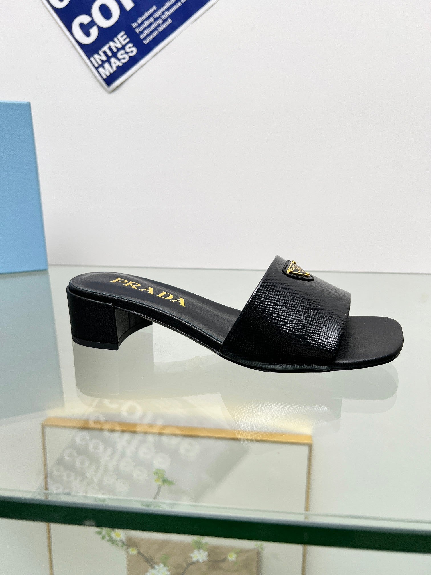 Prada 26s Saffiano Slides 4cm Black Glossy Leather 986628