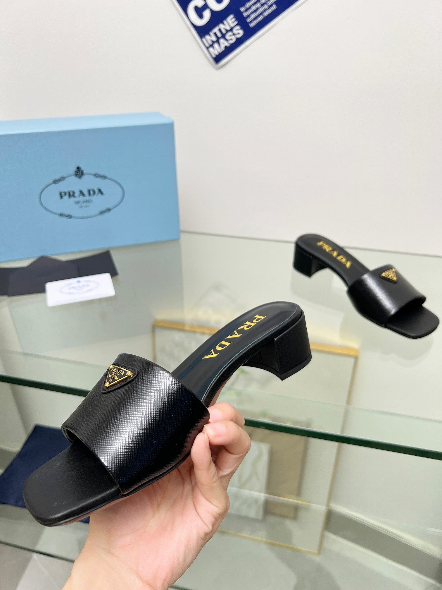 Prada 26s Saffiano Slides 4cm Black Glossy Leather 986628