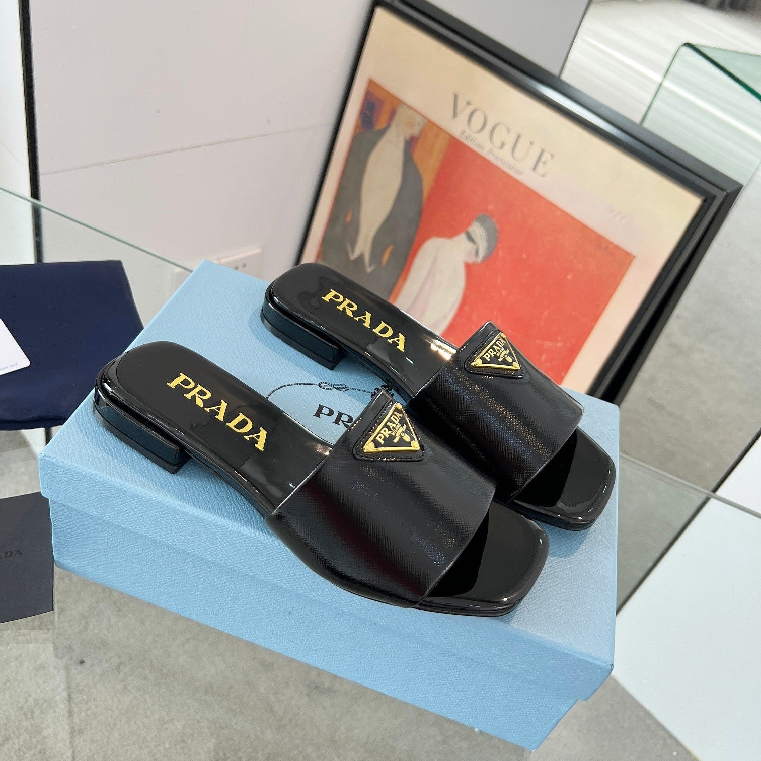 Prada 26s Saffiano Slides 1.5cm Black Glossy Leather 986624