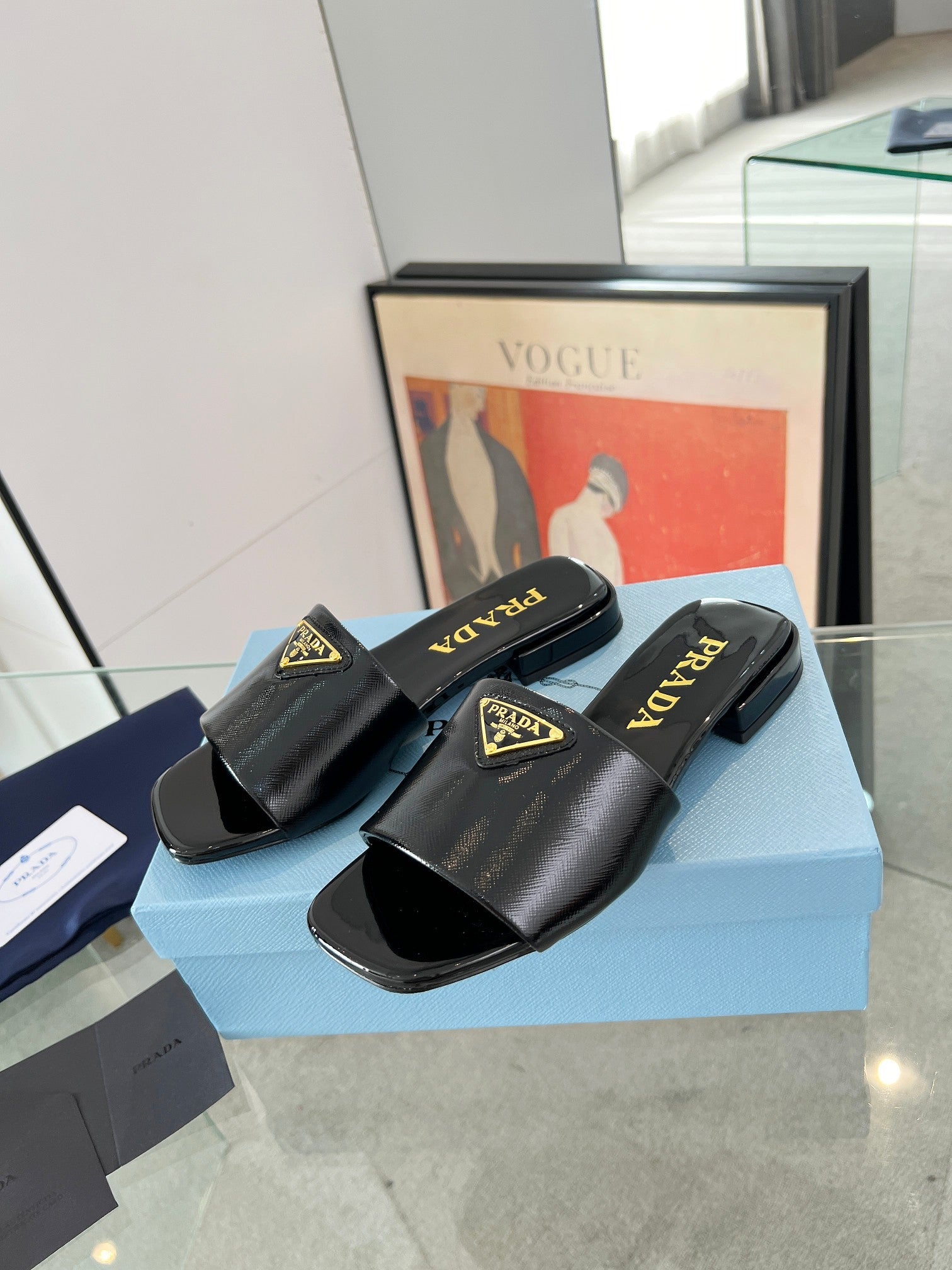 Prada 26s Saffiano Slides 1.5cm Black Glossy Leather 986624