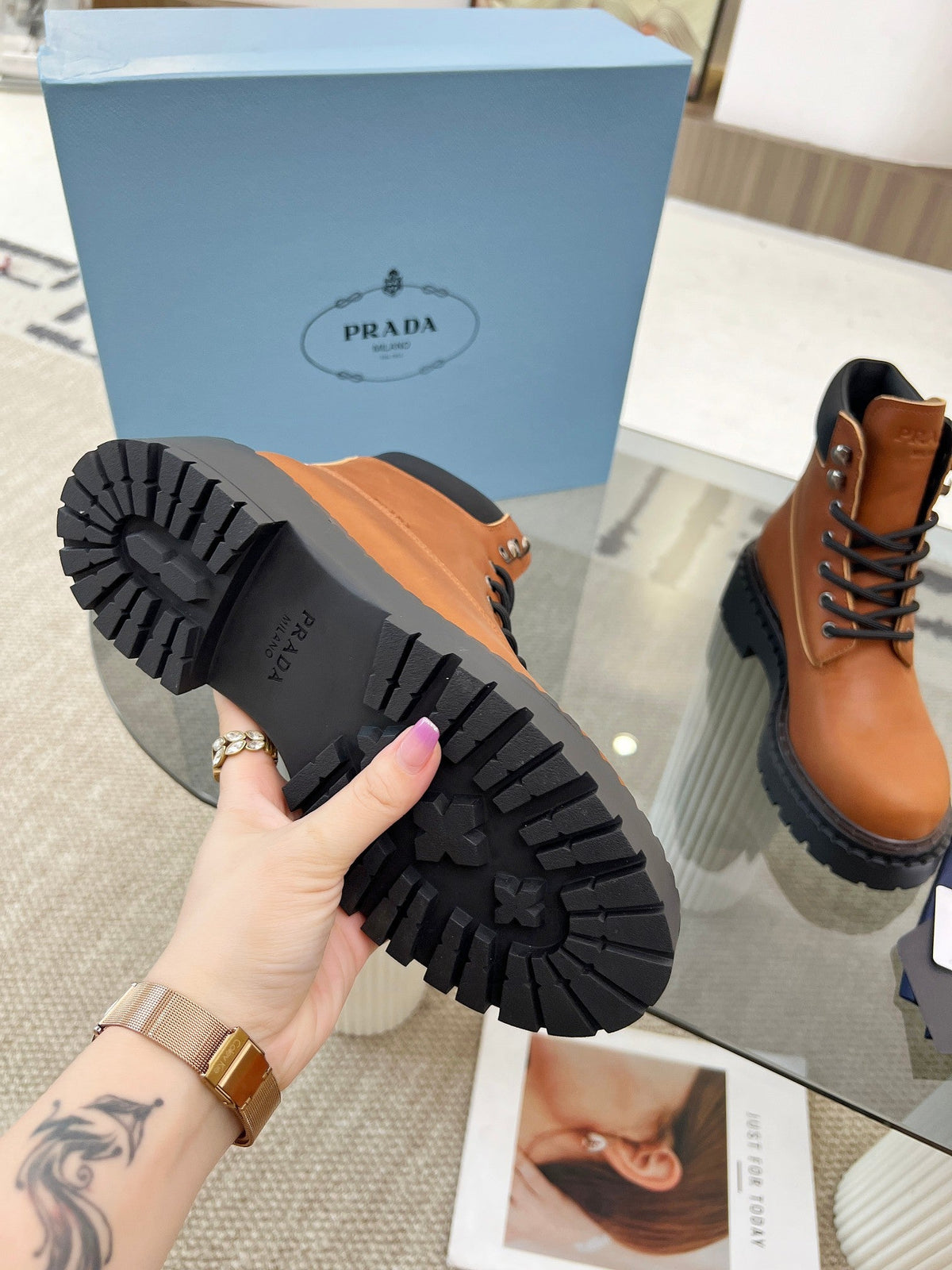 Prada 26s Combat Boots Brown Leather 140470