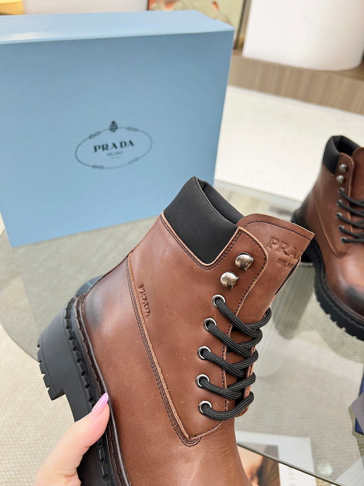 Prada 26s Combat Boots Brown Leather 140470